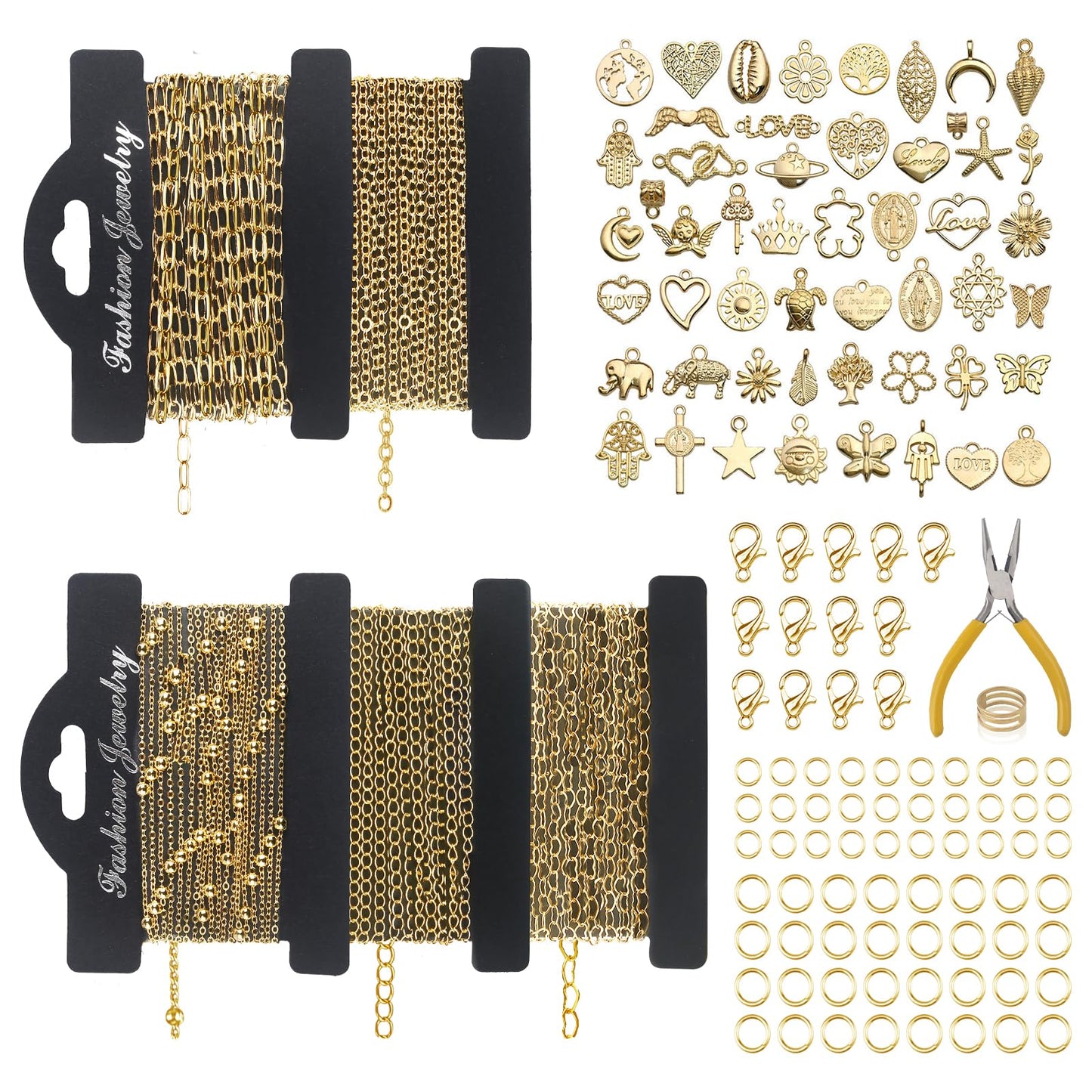 Ecoofor 14k Gold Necklace Chain for Jewelry Making, 16.6 Feet Total (5 Rolls) DIY Bracelet Chains with 300 Jump Rings, 50 Lobster Clasps, 1 Jewelry Pliers,1 Support Ring and 50 Pendants