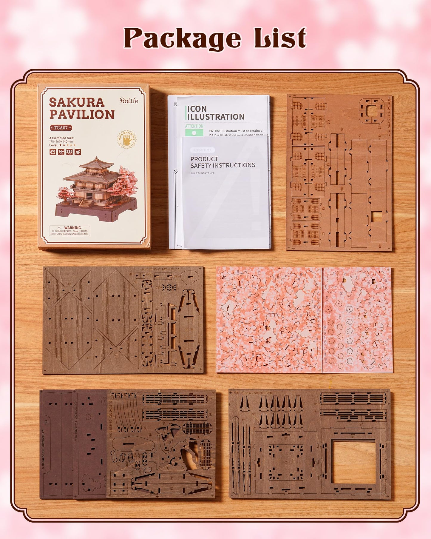 Rolife 3D Wooden Puzzle Sakura Pavilion, DIY Japanese Architecture Model & Miniature House Building Kit for Adults, 235PCS Wood Craft Puzzle, Cherry Blossom Home Decor for Teens and Adults