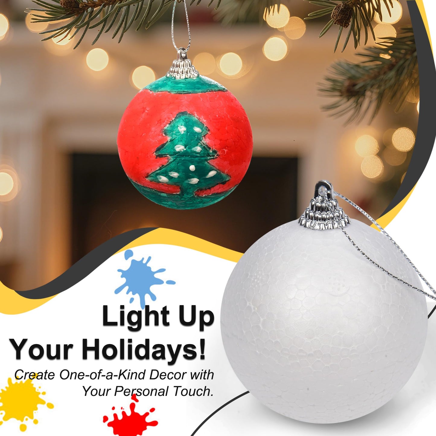 Aezhuvoal DIY Decorative Hanging Ornaments Foam Ball Kit with Paints & Brush - 20 Pack White Round Craft Foam Balls with Strings for Christmas, Halloween Holiday Decorations, Gift Idea