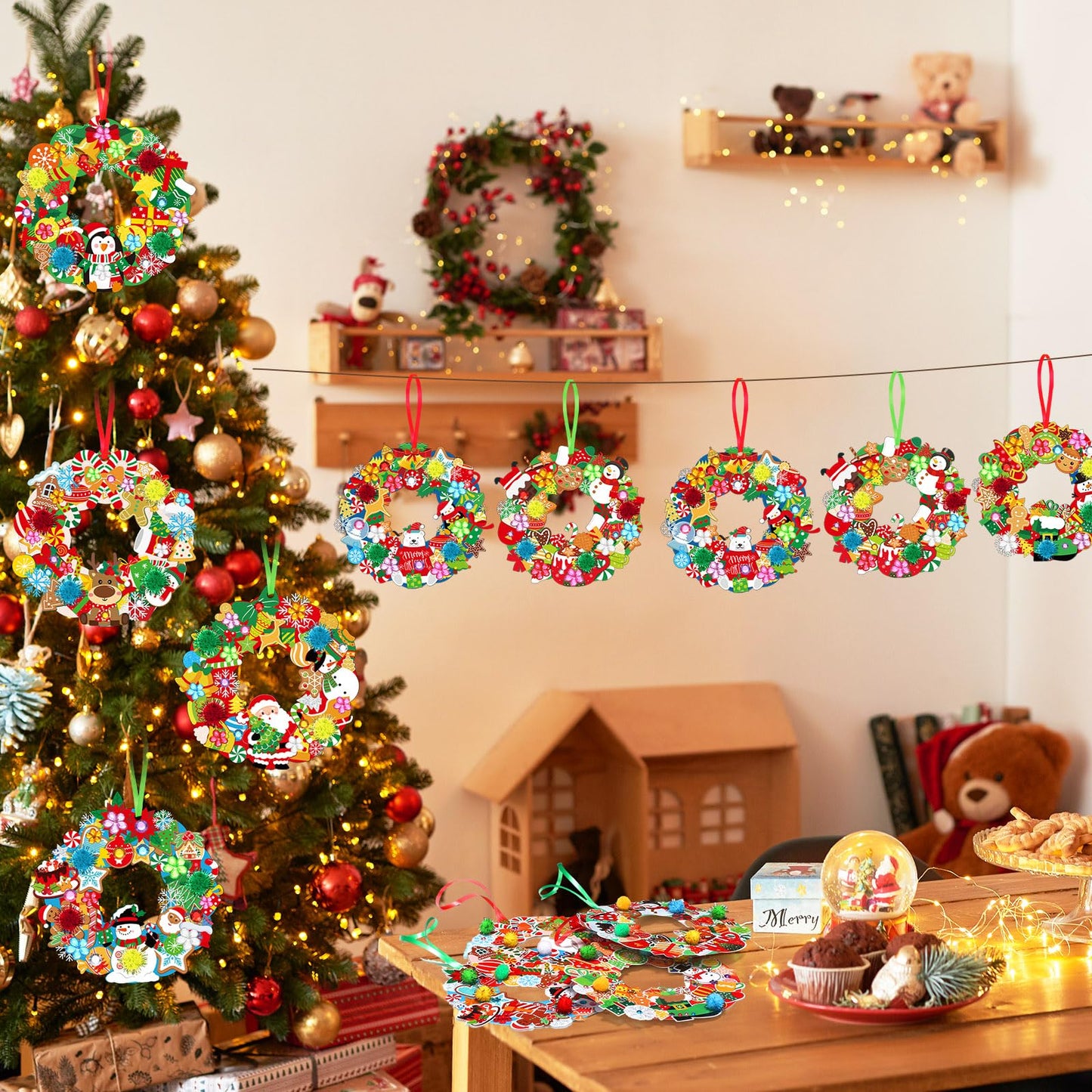 Hollowfly 48 Sets Christmas Wreath Craft Kits for DIY Santa Claus Wreath Hanging Ornaments Make Your Own Paper Xmas Craft with Stickers for Christmas Party Favors School Classroom Activities