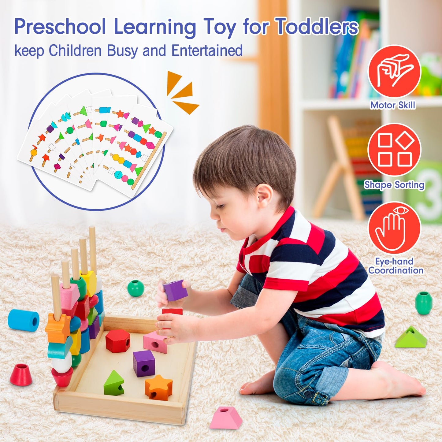TooyBing Montessori Wooden Lacing Beads Toys for 3 4 Year Old Toddler Kids, Sequencing & Stacking Block Toy with Storage Box, STEM Preschool Learning Toys, Christmas Birthday Gifts for Boys Girls
