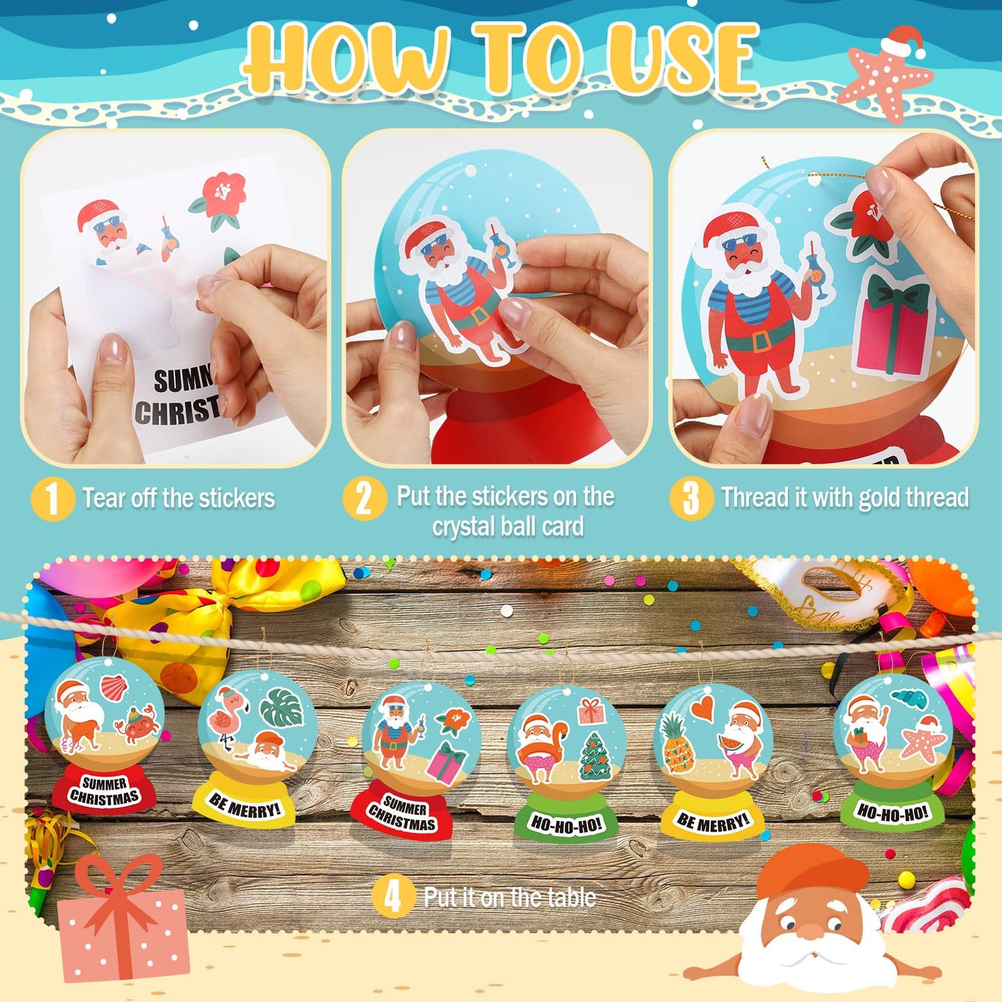 Soulchen 36 Pcs Summer Christmas Craft Kit DIY Crystal Balls Greeting Card with Christmas Fun Stickers for Hawaiian Tropical Christmas Party Decorations Favors Supplies School Family Craft Activities