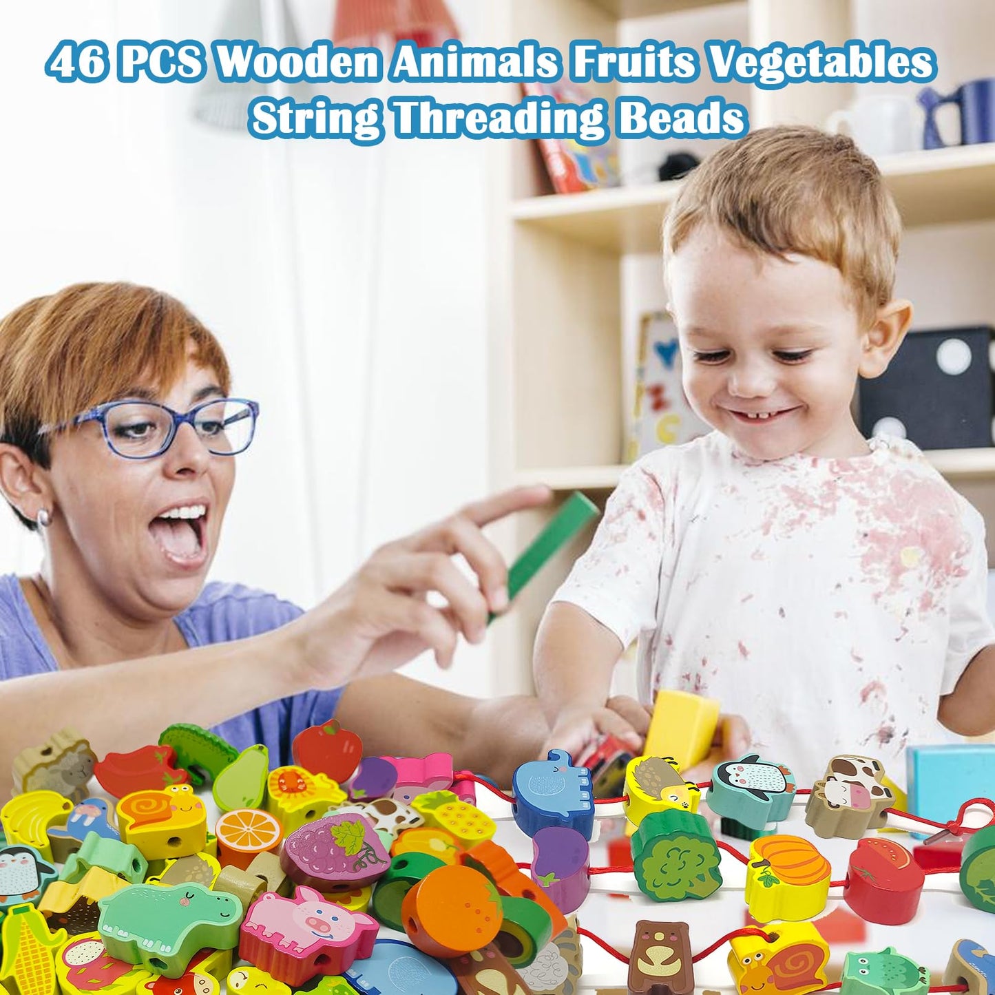 exinddea 46 PCS Wooden Lacing Beads,Animals Fruits Threading Toys for Toddlers,Preschool Learning Lacing Toys,Montessori Educational Stringing Threading Beads Toys for Kids 3 4 5 6 Year Old Boys Girls