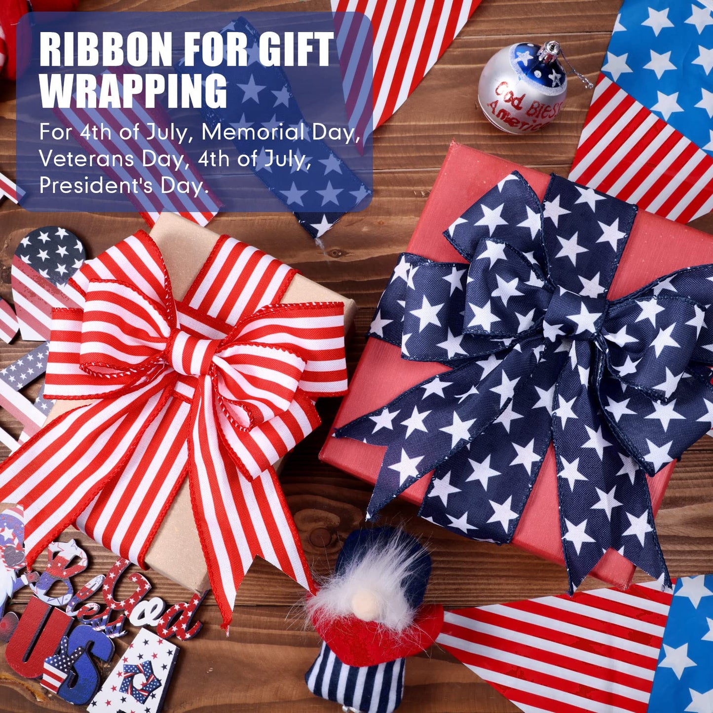 Hoteam 250th Anniversary 2 Rolls 20 Yard Red White and Blue Ribbon Patriotic Star and Striped Wired Royal USA Ribbon DIY Crafts for Xmas Holiday Decor(2 Inch,Red, Beige, White, Blue)