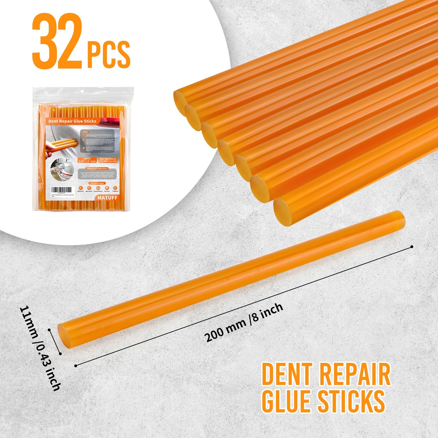 MATUFF 32 Pcs Dent Repair Glue Sticks, 0.43” Dia x 8” Long Yellow Hot Glue Sticks, Paintless Dent Repair Tool Kit PDR Glue Sticks for Craft Gun and Car Body Repair Dent Remover Tool