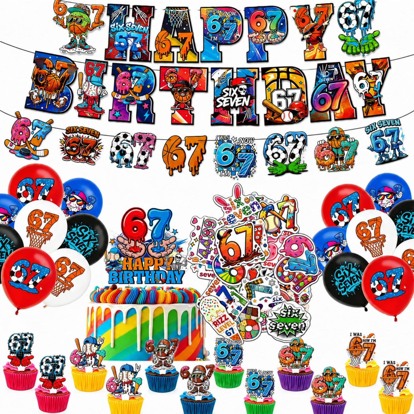 lvyujia 6 7 Birthday Decorations Kit, I Was 6 Now I'm 7 Birthday Decorations, Funny Meme Party Supplies with 50PCS Stickers, Banner, Balloons, Cake & Cupcake Toppers for Indoor Outdoor Party Décor