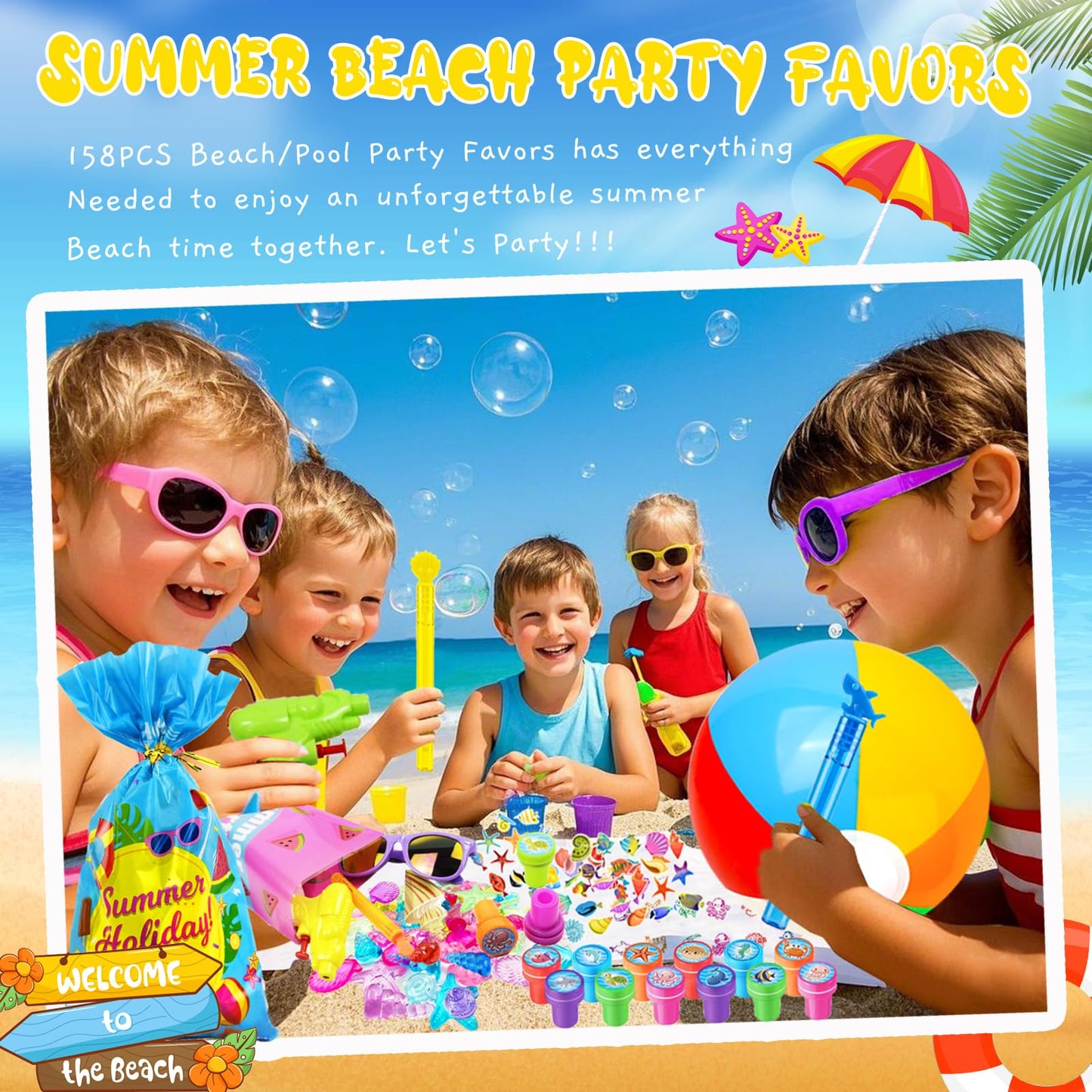 Pool Party Favors and Beach Party Favors,158PCS Summer Pool Toys for Kids, Undersea theme decoration, Including Beach Balls, Sunglasses, Bubble Wands, Stamp and Crystal Shells for Kids Ages 4-8 8-12