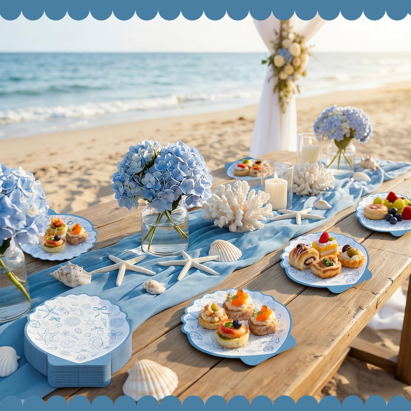 Acellegic 40pcs 7inch Seashell Paper Plate Ocean Seashell Beach Coastal Party Supplies Disposable Blue Bow Hydrangea Starfish Plate Seaside Favor for Summer Beach Wedding Bridal Shower Birthday Party