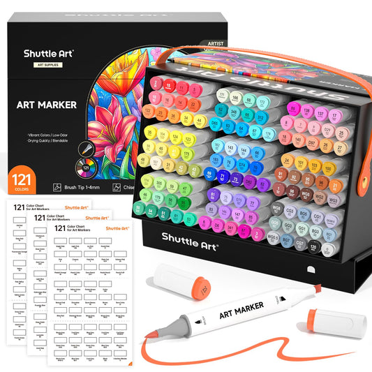 Shuttle Art Brush Tip Alcohol Markers, Dual Tip Brush & Chisel Tip Art Marker Set, 121 Colors Marker Pens with Organized Case Perfect for Illustration Students Adults Coloring Sketching