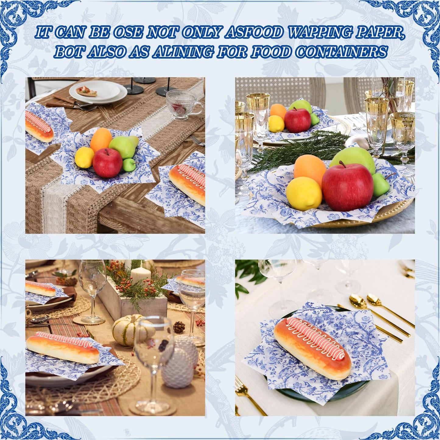 Bravopapier 150Pcs Blue Floral Bird Deli Paper, 9.8 x 8.3in Chinoiserie Floral Bird Grease Proof Food Wrap Paper Liners