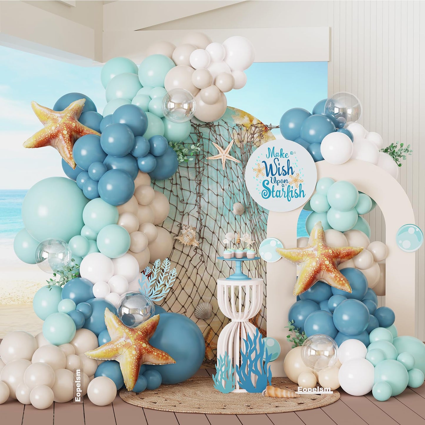 Under the Sea Party Decorations 140pcs Blue and sand white Balloons with Starfish Foil Balloons for Summer Ocean Beach Baby Shower Birthday Party Supplies