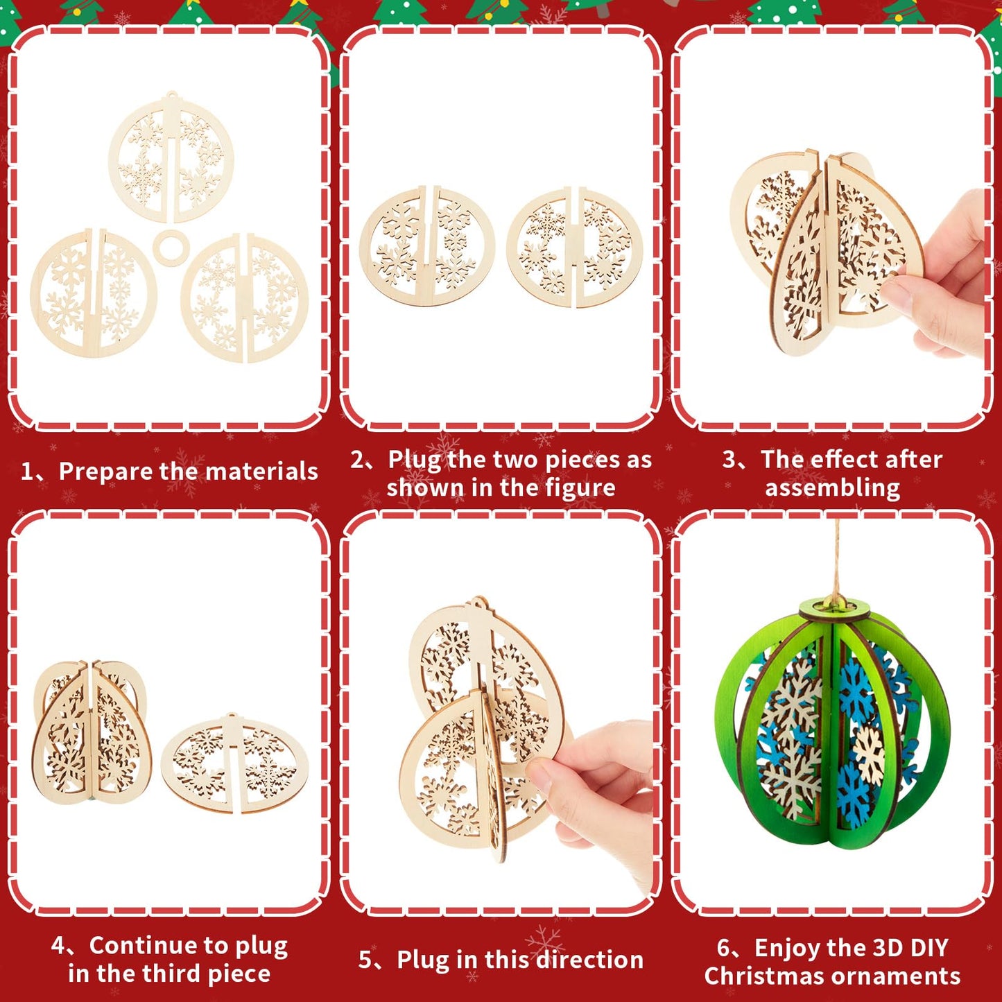 Chunful 72 Pcs DIY Christmas Wood Crafts to Paint 3D Unfinished Wooden Ornaments Christmas Hanging Cutouts Blank Hollow Wood Winter Snowflake Holiday Wooden Slice for Xmas Tree Decorations