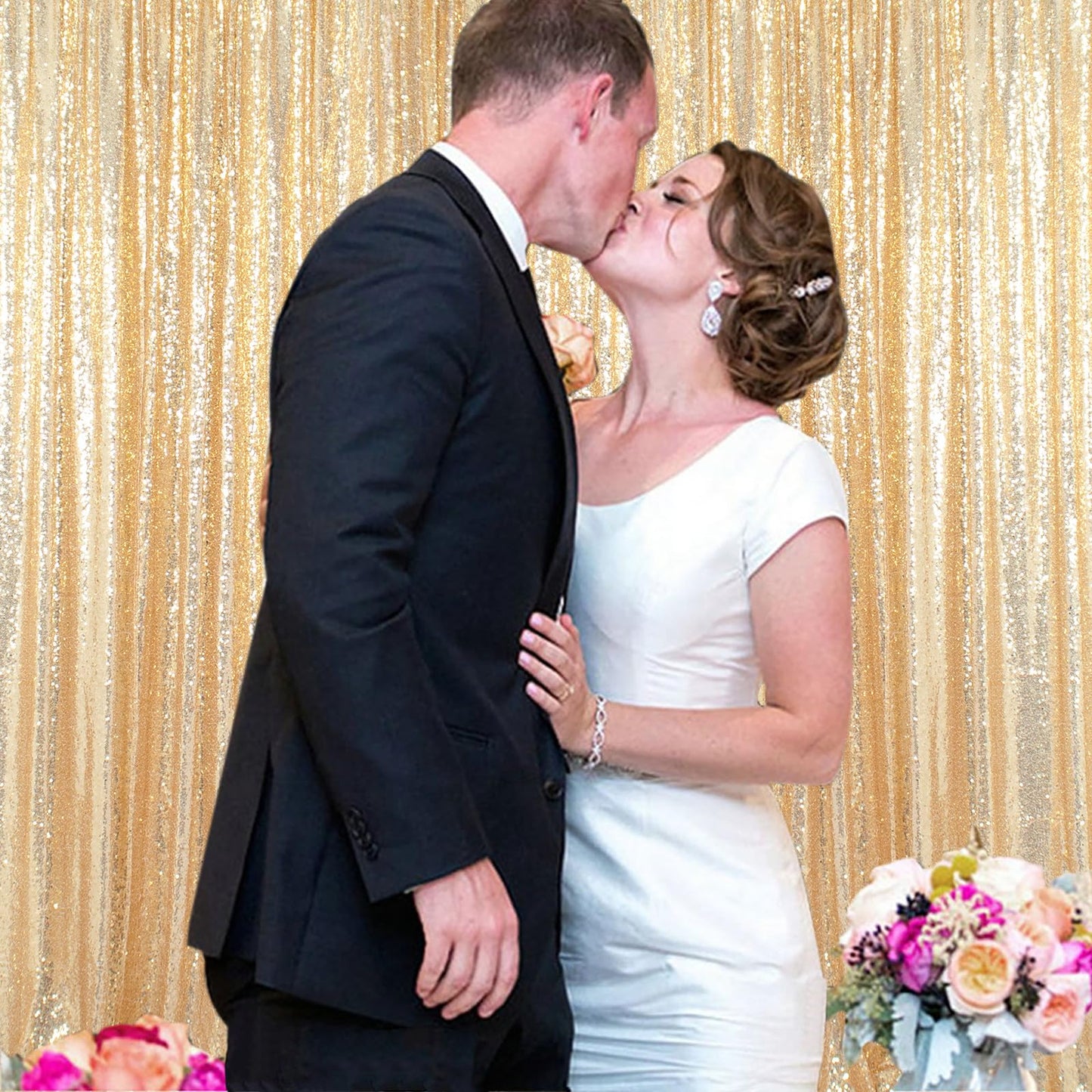 ShinyBeauty Champagne Gold Sequin Backdrop 10x10 - Sparkly Photography Background for Weddings, Birthdays, Photo Booths, Events | Shimmer Curtain for Stunning Visuals & Party Decor (Champagne Gold)