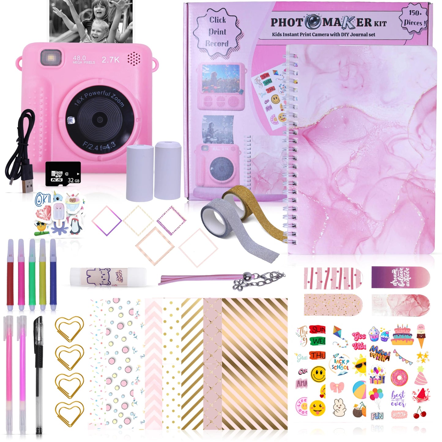 FINcredible Photomaker Kit - Instant Print Camera for Kids Plus DIY Journal Kit for Girls - 150 Pcs Tween Journal & Camera for Girls - 6 7 8 9 10 11 12 13 14 Year Old Girl (Pink)