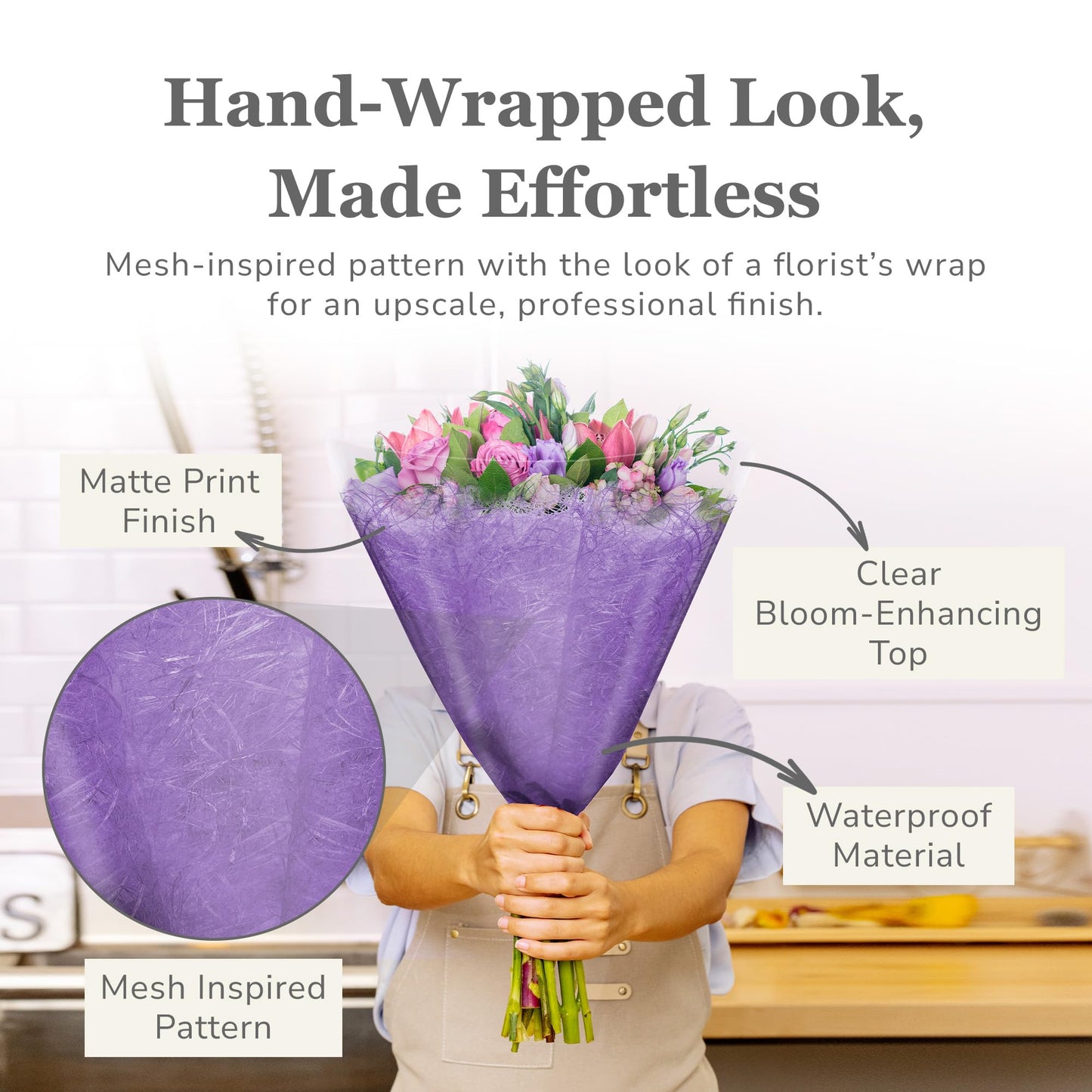 the florist Supply Aria Sleeves 20 Pack 17.3 x 17.1 x 4.9 Inch Waterproof Flower Bouquet Wrapping Sleeves, Flower Bouquet Bags, Plastic Floral Sleeves, Gift-Ready for Wedding, Birthday, Purple