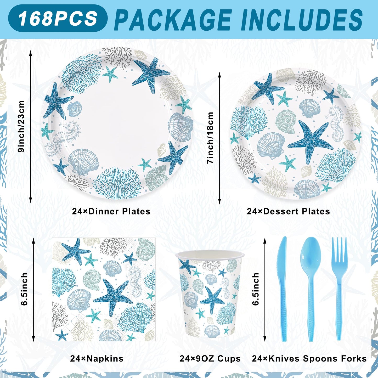 Vellumvibe 168pcs Coastal Beach Paper Plate Napkin Blue Starfish Seashell Party Supplies Disposable Tableware Set for Summer Ocean Birthday Party Decorations Serve 24 Guests
