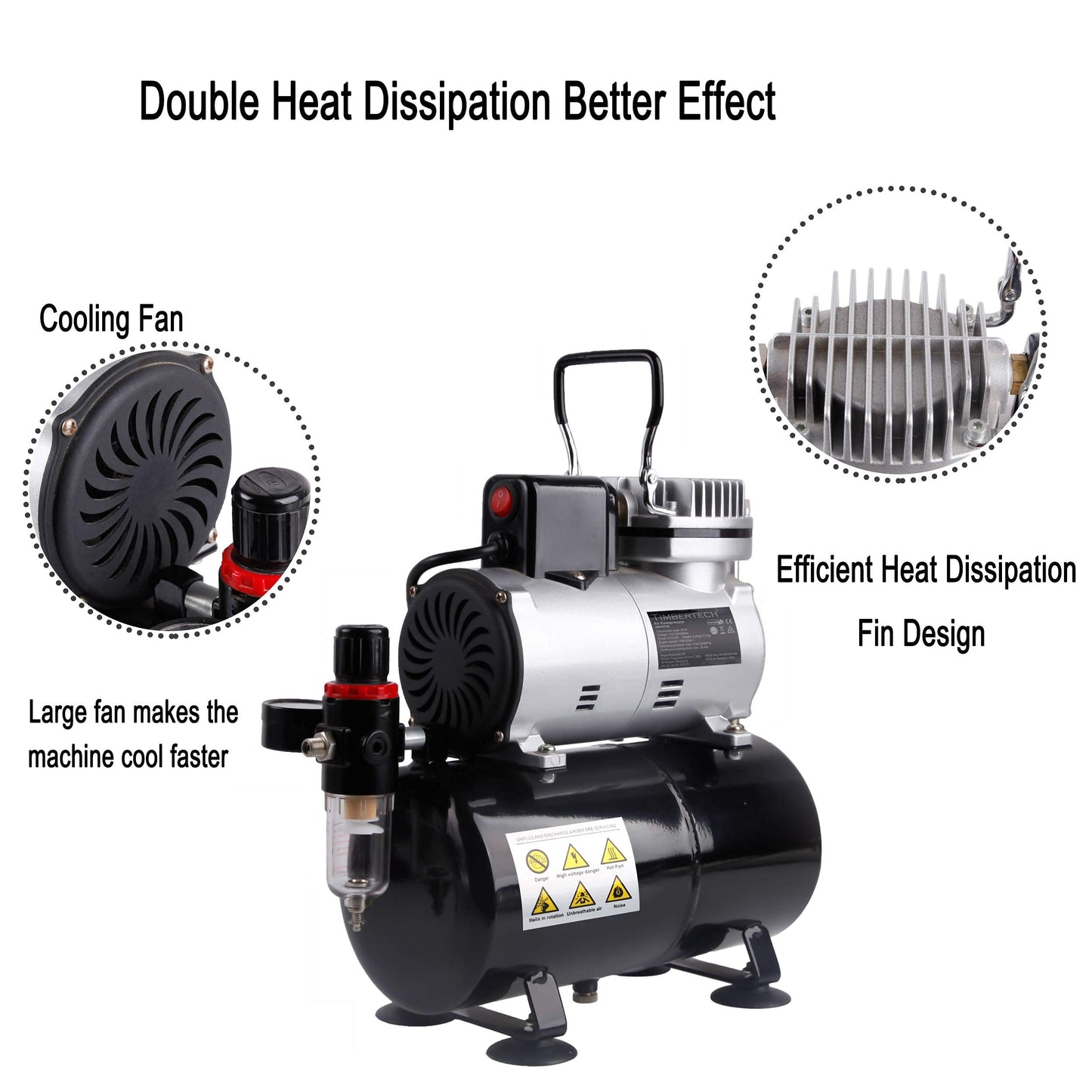 Timbertech Upgraded Airbrush Single-Piston Oil-free Mini Compressor ABPST08 with Cooling Fan, 3L Tank, Regulator, Moisture trap for Hobby, Body Tattoo, Model Painting, Automotive Graphic, Make-up