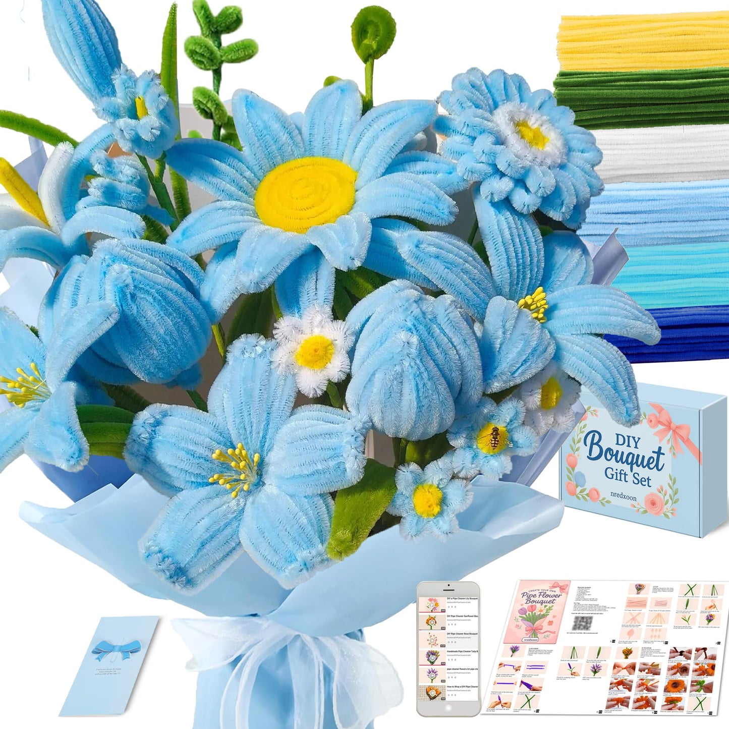 NREDXOON Pipe Cleaner Flower Kit - 400PCS DIY Blue Daisy Bouquet Crafts - 8mm Fluffier Chenille Stems with Video - Elegant Table Centerpiece for Baby Boy Shower, Aesthetic Room Decor & Party Favors