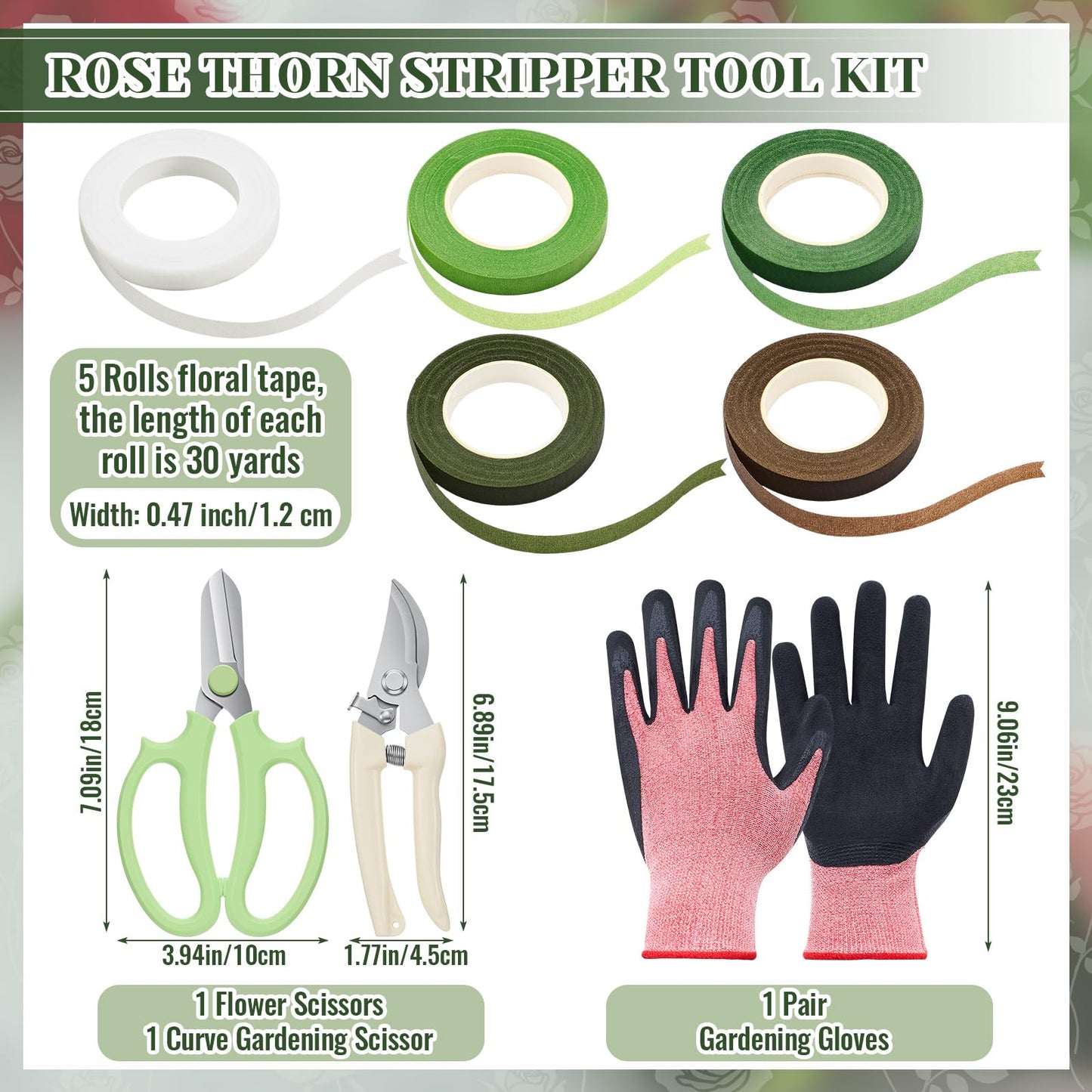 9 Pcs Rose Thorn Remover Set Include 1 Flower Thorn Stripper Tool 5 Floral Tape 1 Flower Scissor 1 Curve Gardening Scissors 1 Pair Gardening Gloves for Valentine Women Mother Gift (Green)