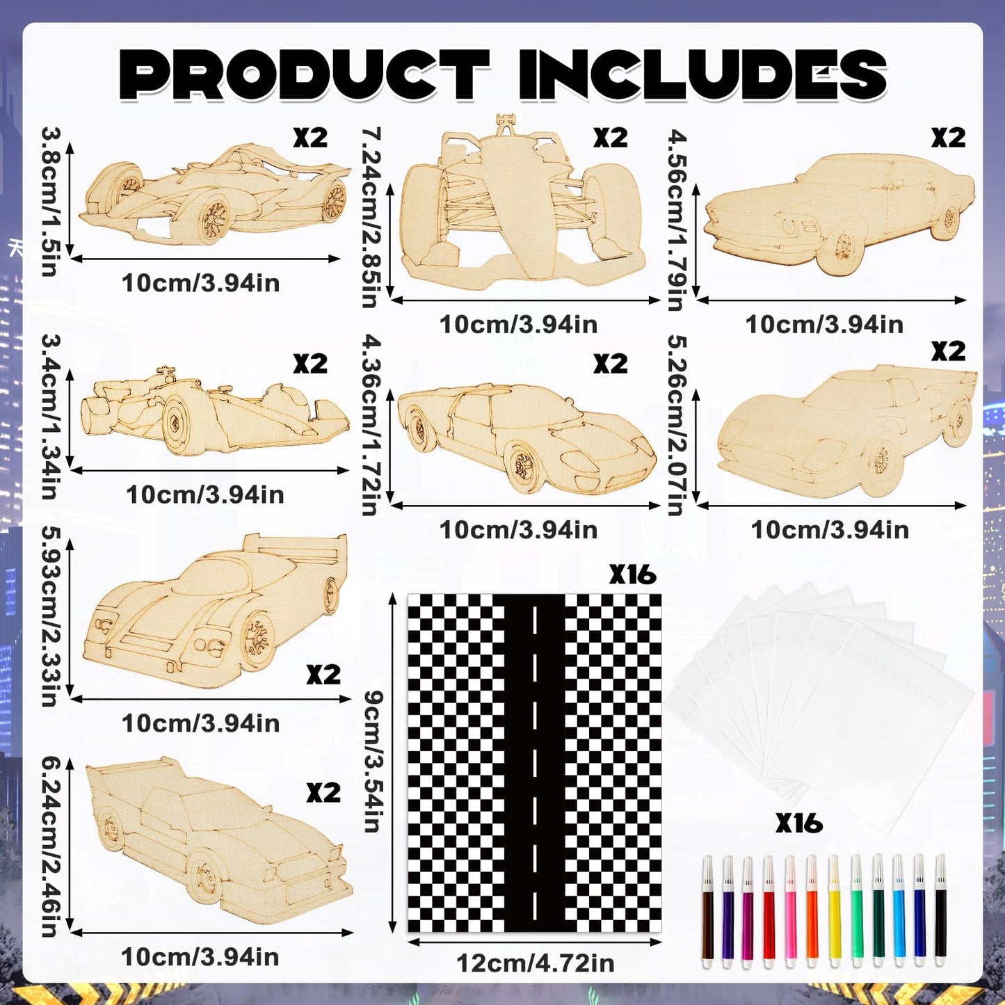 gisgfim 16 Sets Race Car Wooden Painting Kit Race Car Party Favors Wood Painting Crafts Bulk Racing Cards Creative Art Craft Set Thank You for Coming Gifts for Kids Boys Girls Birthday Party Supplies