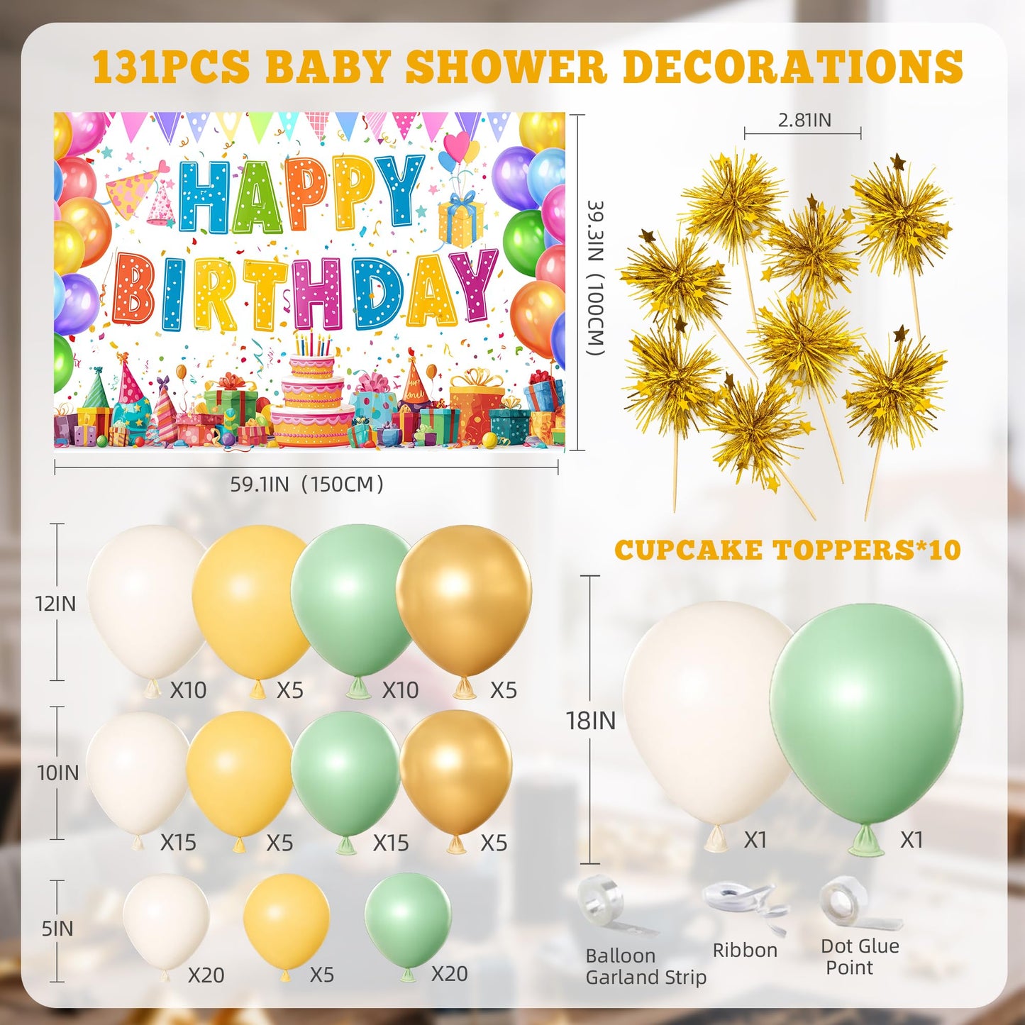 Sage Green and Gold Birthday Decorations Set for Men & Women, 131pcs Birthday Party Decor for Boys & Girls, Balloon Arch Kit, Backdrop, Cake Toppers, Happy Birthday Banner for Birthday Celebrations