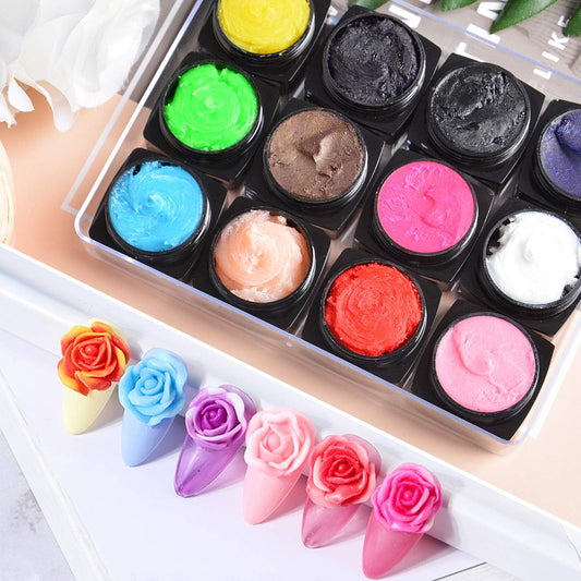 EBANKU 12 Colors Sculpture Painting Nail Gel Set, Colorful 3D Nail Carved Gel Sculpture Creative DIY Decoration Painting Glue with Tools, Silicone Pen, Cuticle Pusher and Carving Brush