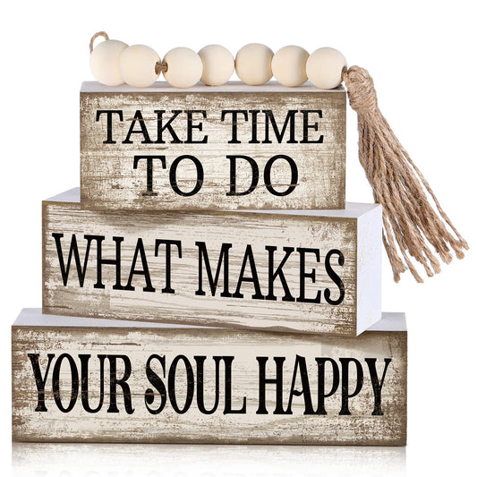 Yuntau 4 Pcs Farmhouse Tabletop Decoration Inspirational Farmhouse Tiered Tray Decor Rustic Retro Wood Bead Garland Take Time to Do What Makes Your Soul Happy Block Centerpiece Sign for Home Shelf