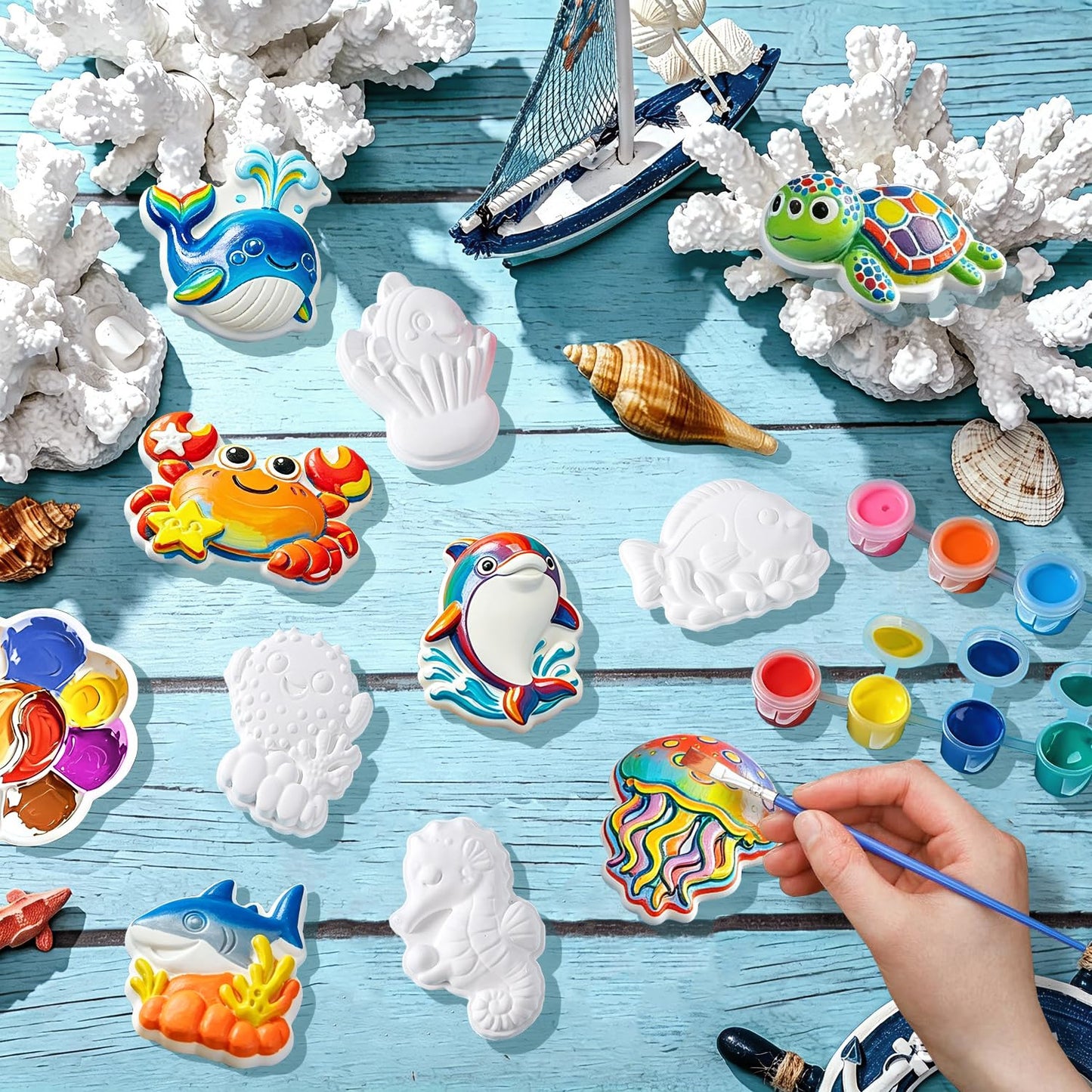 Yamgqus 24 Pcs Paint Your Own Plaster Jungle Animals Painting Kit, DIY Ceramic Arts and Crafts for Kids and Adults, Children Birthday Gift Party Event (Ocean)