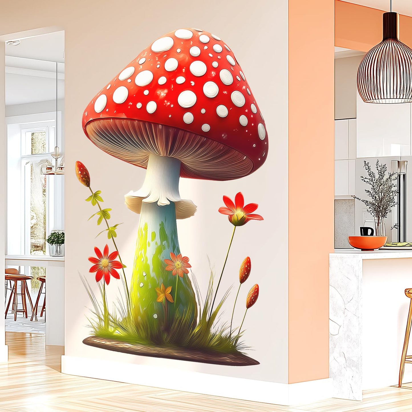 Cute Red Mushroom Wall Decals with Flowers and Grass, Peel and Stick Wall Stickers for Kids Room Nursery Baby Bedroom Playroom, Whimsical Forest Themed Wall Art Decor for Toddler Boys Girls