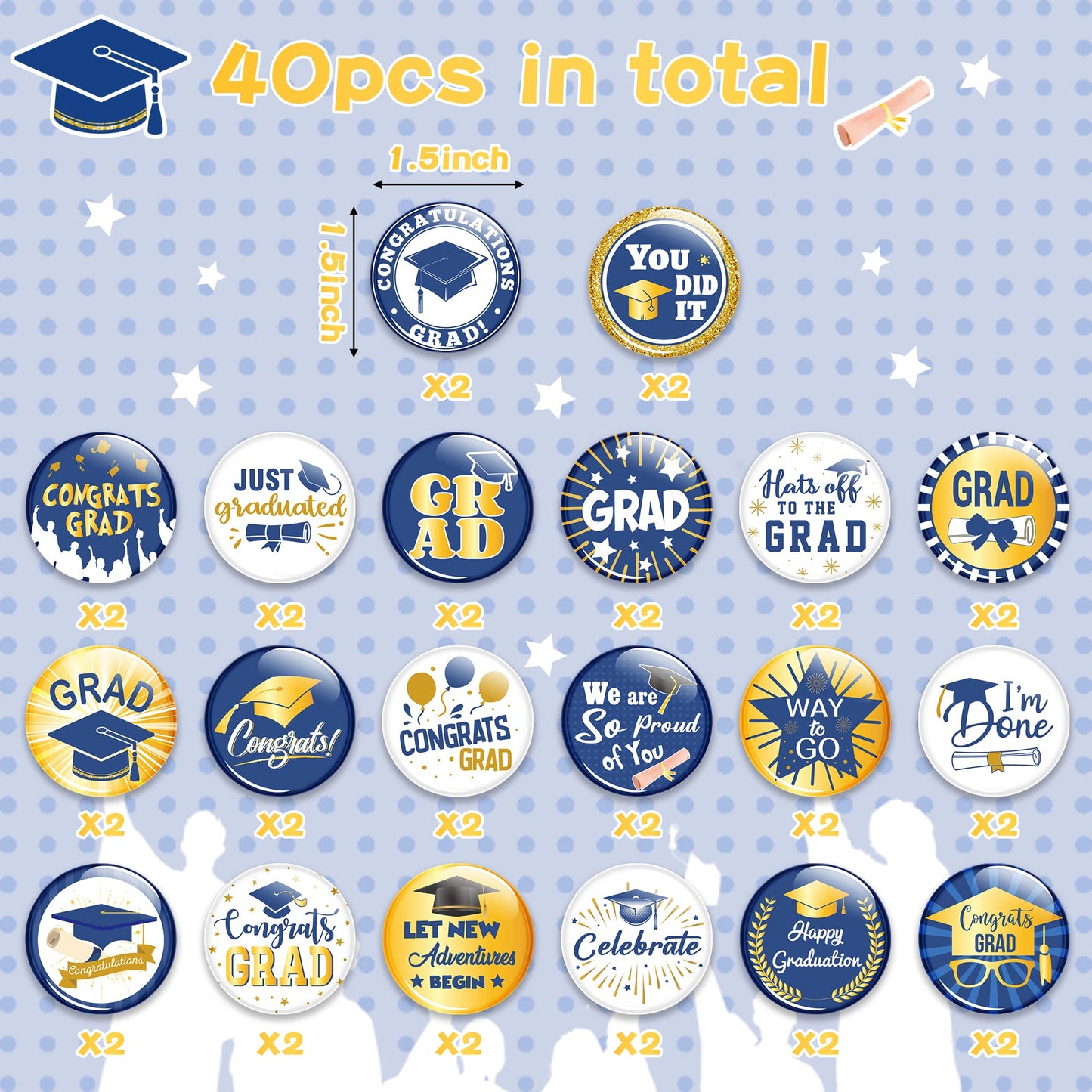 Dvbonike 40Pcs Graduation Button Pins, Class of 2024 Round Badges for Congrats Grad, Graduation Ceremony Party Gifts Supplies Blue and Gold Clothing Bag Decoration for College School Students