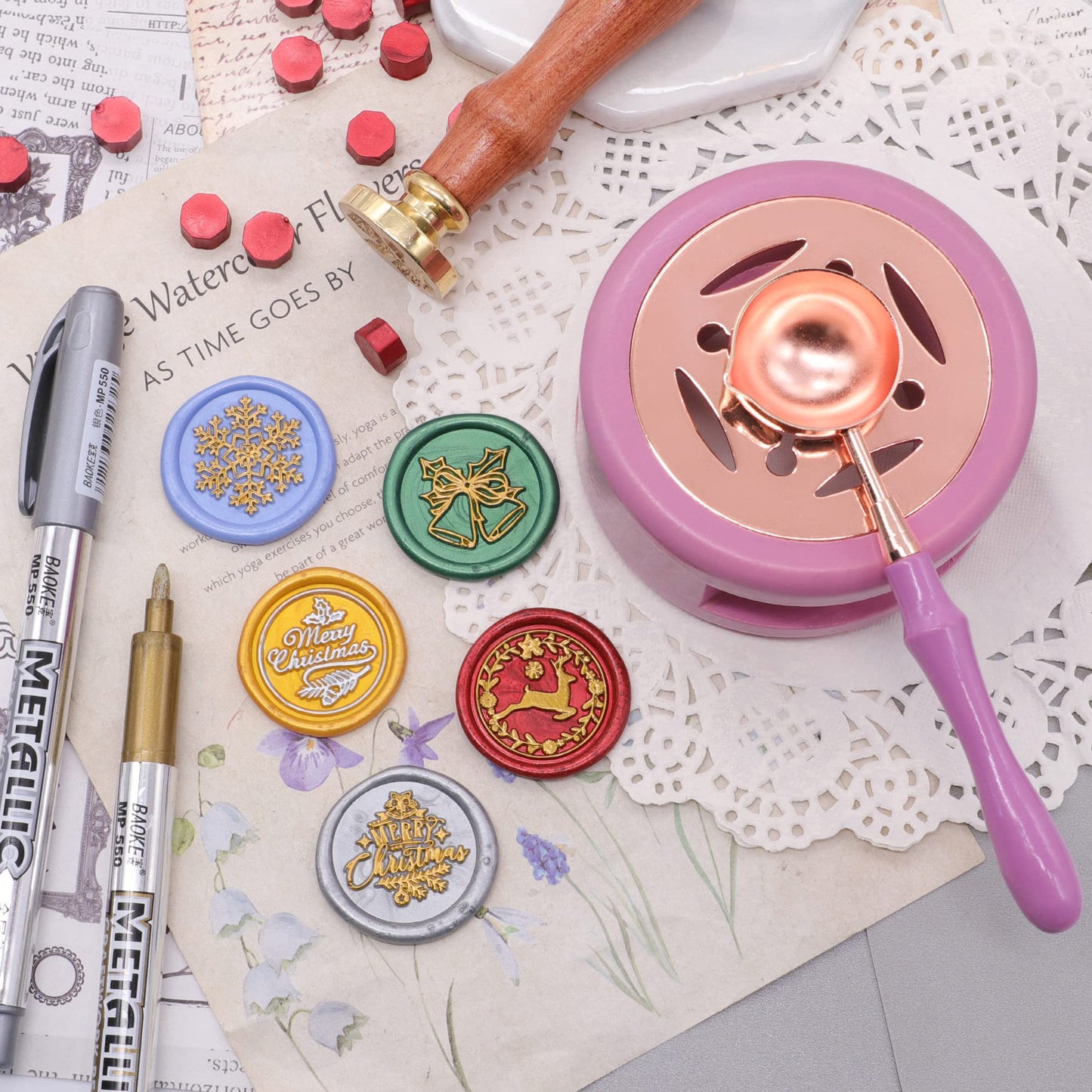 SWANGSA Wax Seal Warmer Kit, Sealing Wax Furnace Tool with 2pcs Wax Seal Pens + Wax Seal Spoon and 2pcs Candles for Sealing Wax Stamp Wedding Invitation Envelope Letter (Pink)