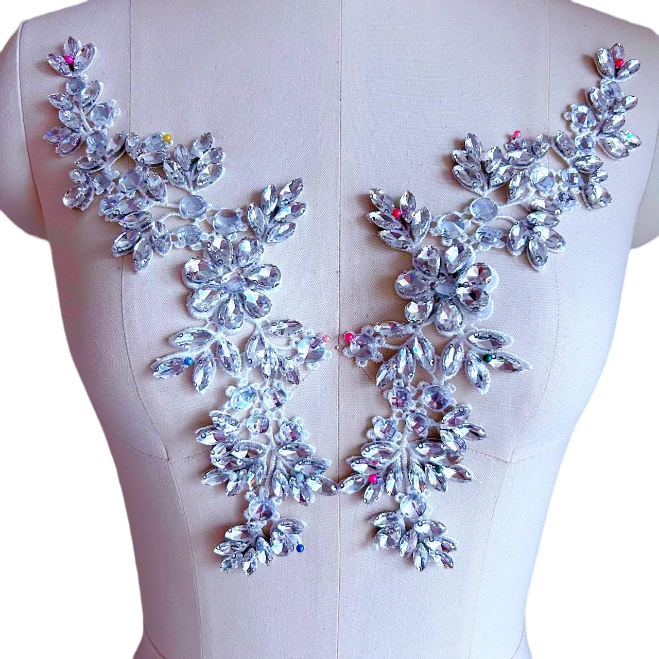 YMALANIYAKAIYA Lace Costumes Beaded Appliques Patches White Glass Rhinestones Crystals Designer DIY Garment Sewing Stage Dance Wear Wedding Party Dresses Accessories Crafts 1 Pair, ymal-h-0401
