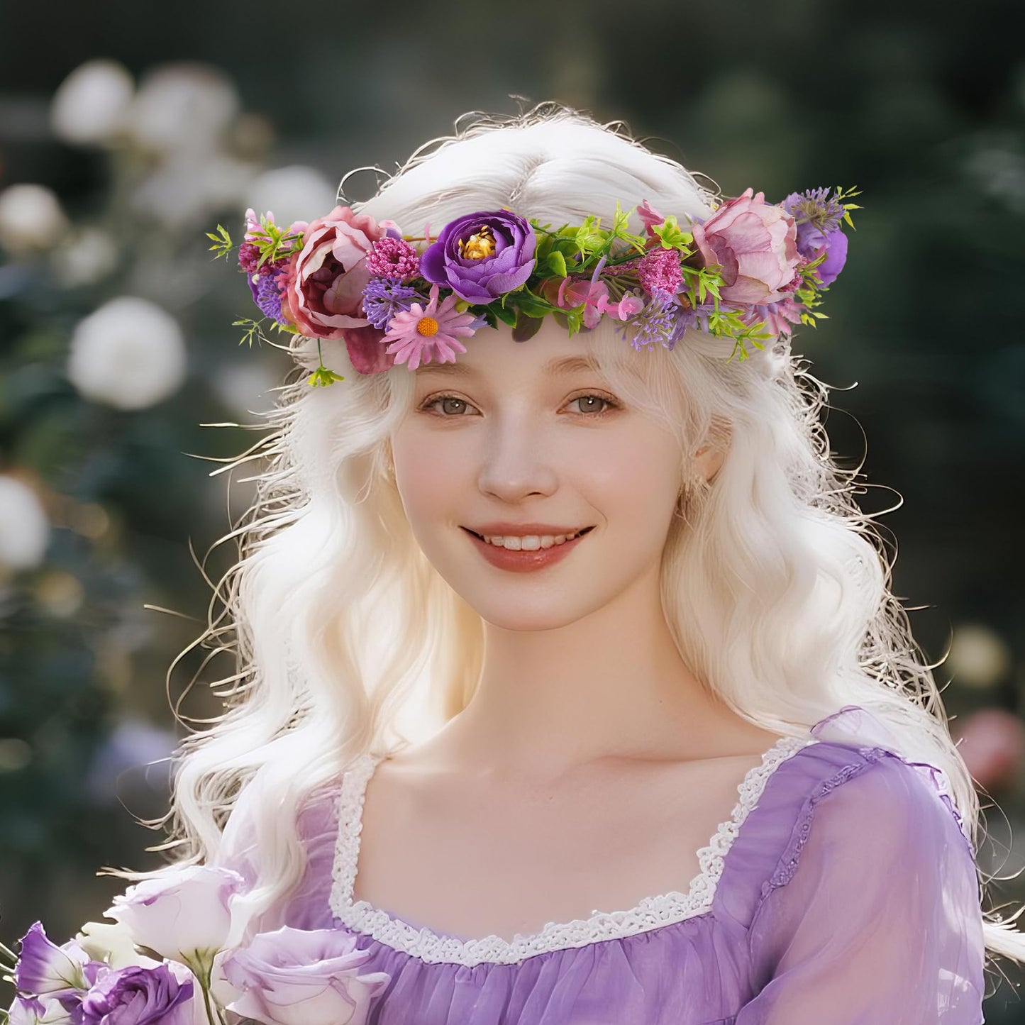 KorViSHOW Purple Flower Crown Headband, Artificial Fairy Daisy Floral Headpiece, Forest Boho Bridal Flower Crown for Women Girls Maternity Renaissance Weeding Festivals Birthday Hair Accessories
