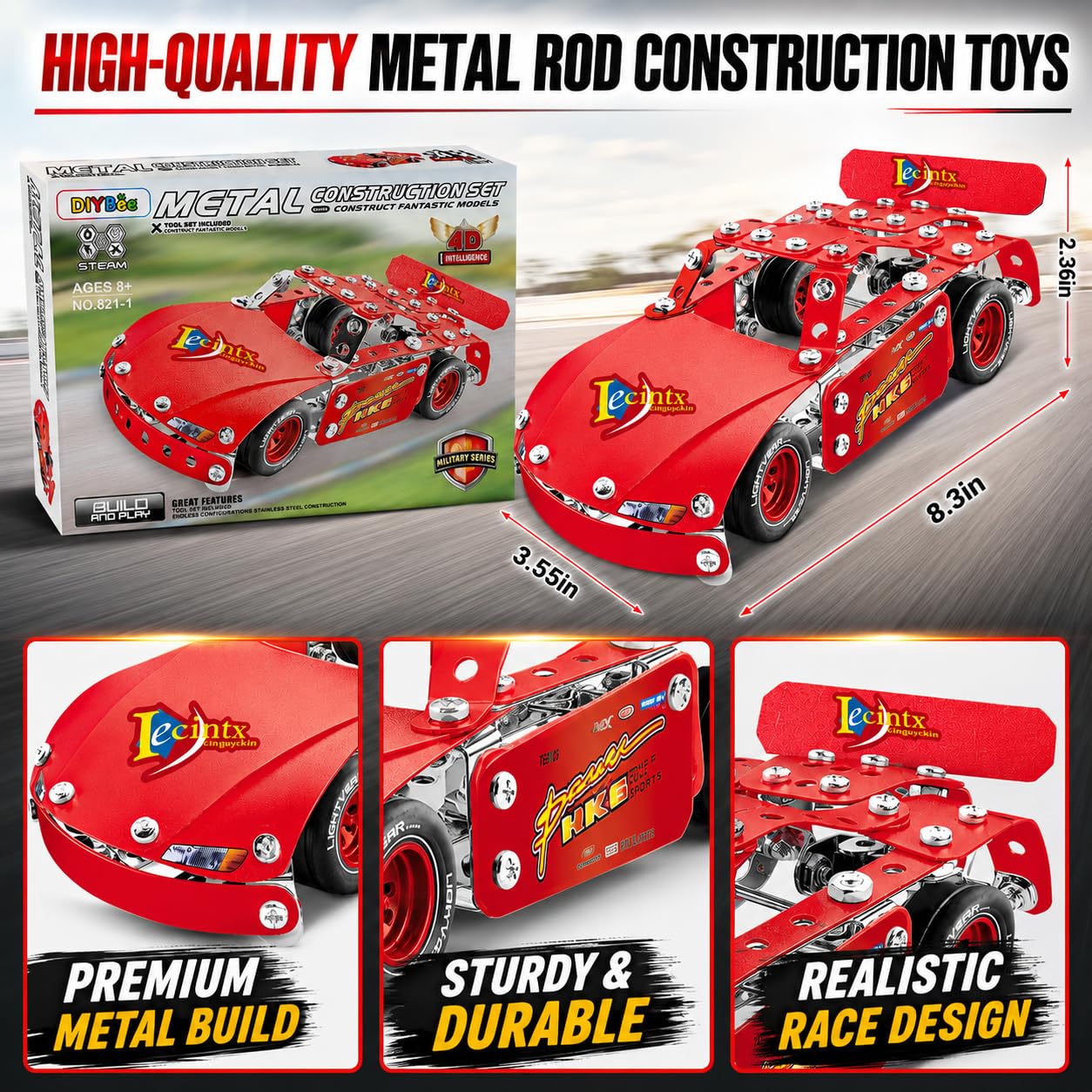 DIYBee Metal Model Car Kit, 192 Pcs Racing Car Building Kit for Boys 8-12, Build Your Own Car Kit, STEM Toys for Ages 8-13 14 15 16, Metal Construction Erector Set for Kids Teens Adults
