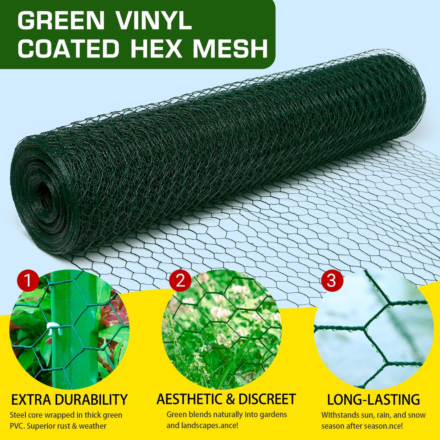 Yardbliss Chicken Wire12inx150ft, Premium Chicken Wire Fencing, Chicken Wire Mesh, Green PVC Coated Metal Wire Fence, Galvanized Poultry Netting Barrier for Floral Arrangements/Craft Projects//Rabbit
