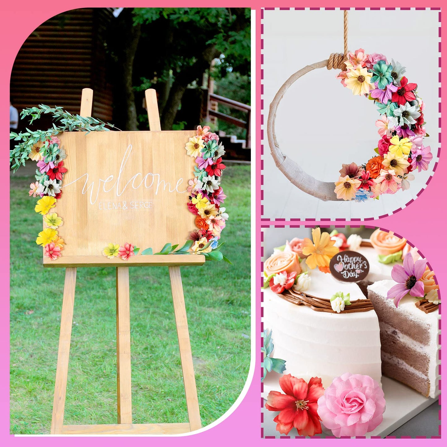 Hoteam 100 Pcs Assorted Flower Heads Decorative Artificial Fake Heads Small Faux Floral Crafts DIY Mini Daisy Rose Plum for Wedding Cake Mother's Day Party Wreath Home Spring (Bright)