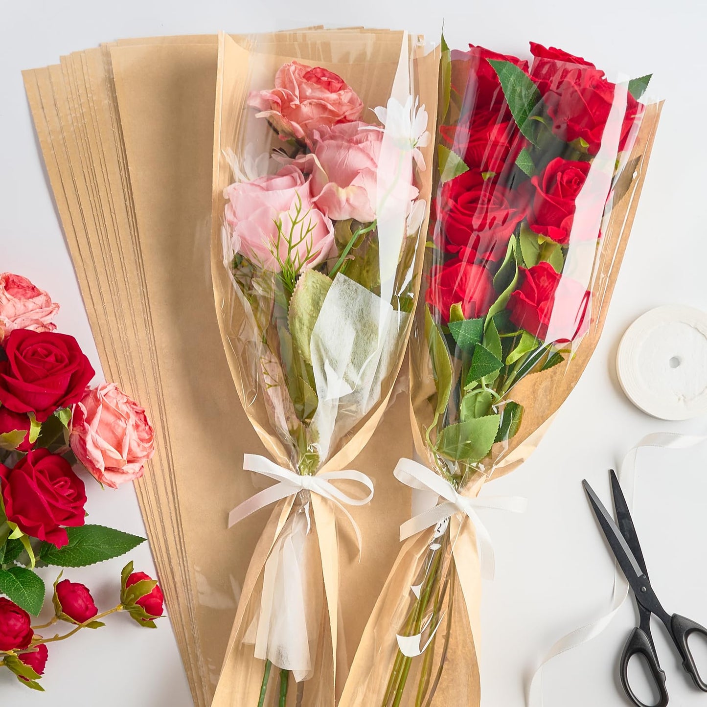 Mauproy 50 Pack Flower Bags for Bouquets, Flower Wrapping Paper Kraft Floral Wrap Sleeves with Ribbons for Graduation Florist Supplies Wedding (24.8 x 8.7 Inches)
