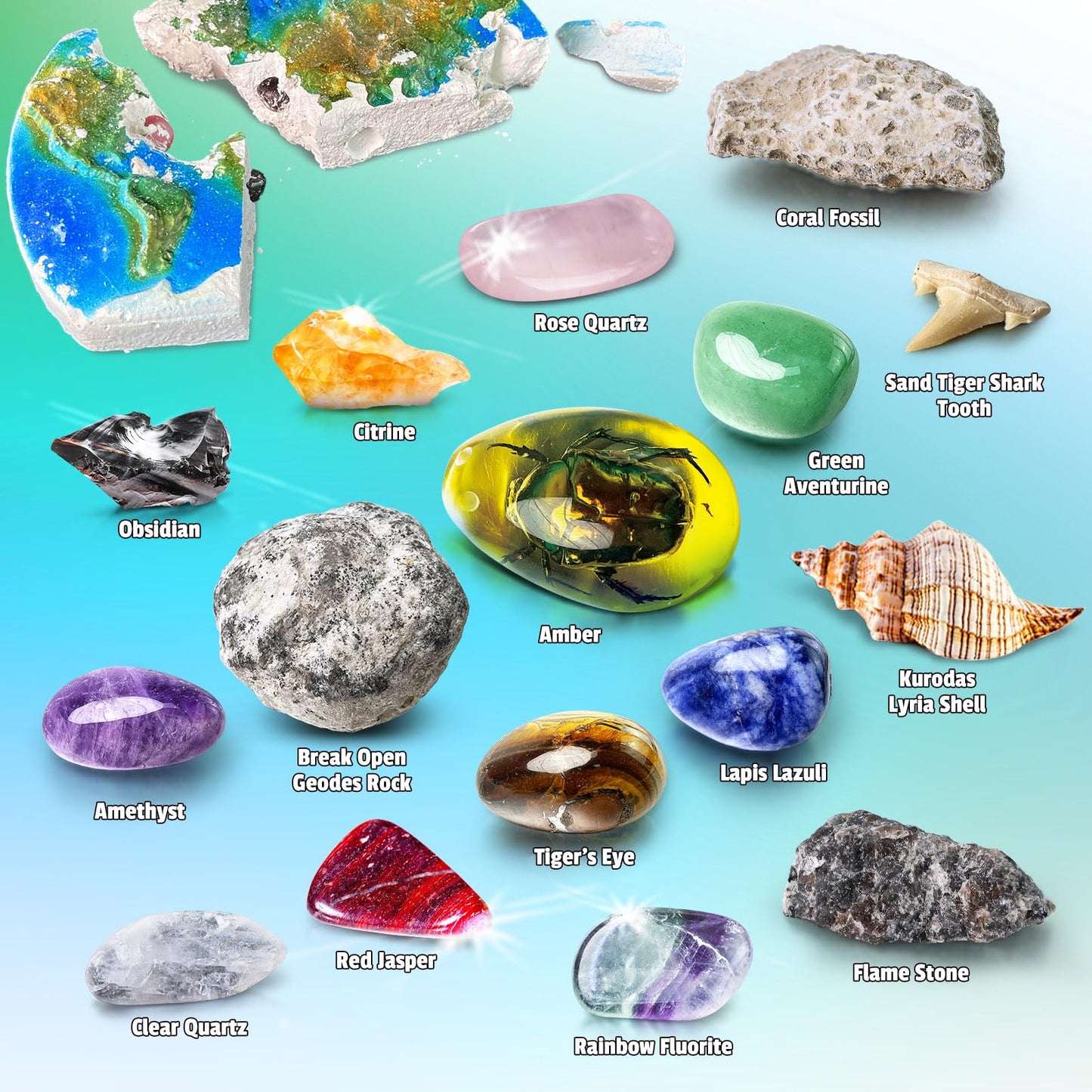 UNGLINGA Gemstones Excavate Gem Rock Dig Kit for Kids Boys Girls Birthday Gifts Ideal - 15 Different Real Gem Stones & Fossils Excavation Set with Dig Tools, Educational Geology Science S.T.E.M Toys