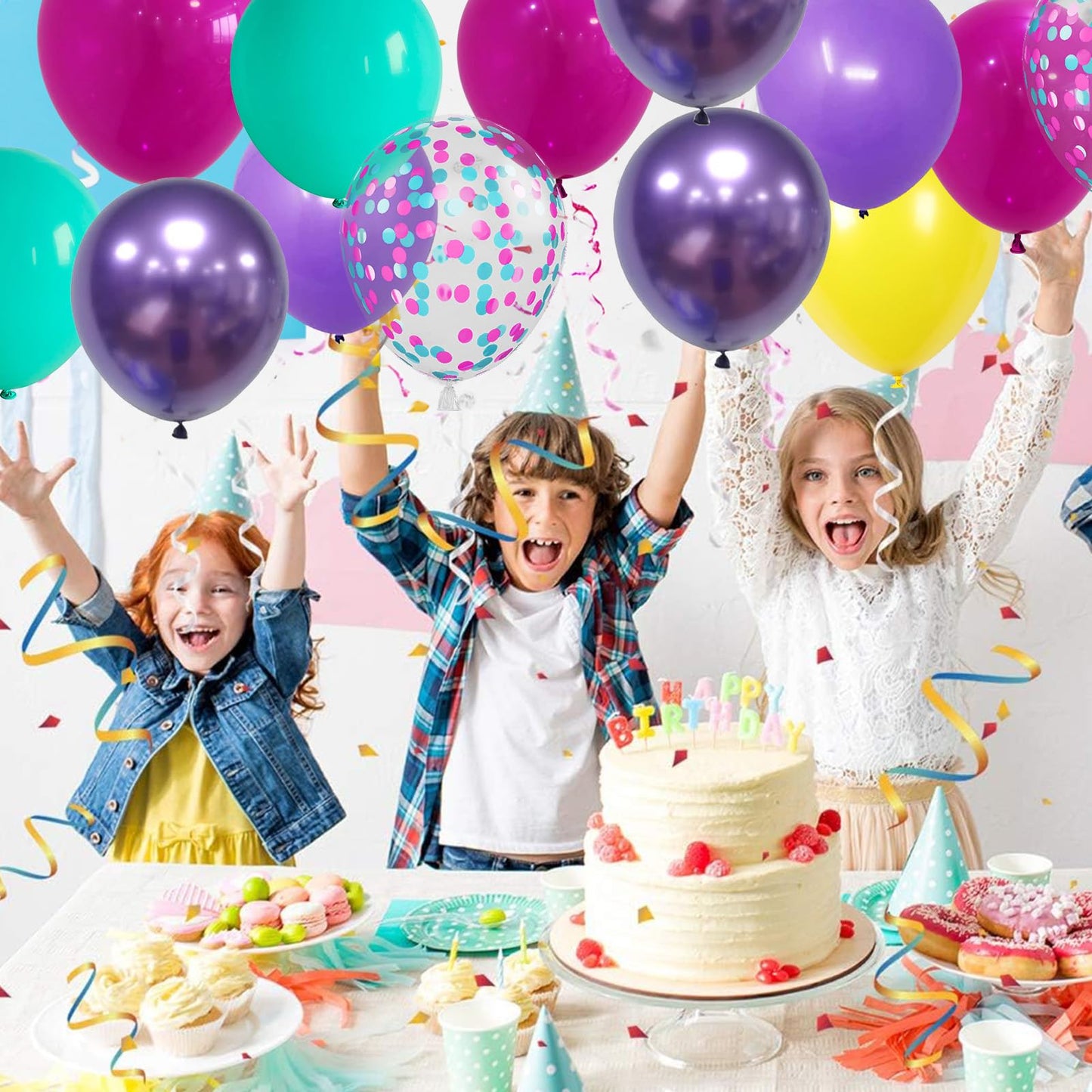 Pink Blue Purple Balloon, 60 Pcs 12 Inches Hot Pink Metallic Purple Teal Yellow Balloons Confetti Balloons for Kids Magic Theme Birthday Decoration Baby Shower Girls Music Party Supplies
