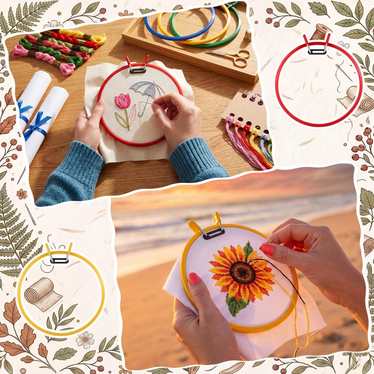 ElaraBerry 4 Pcs 7.7" Metal Spring Tension Embroidery Hoops Red Yellow Blue Green No-Slip Cross Stitch Hoop Circle Round Embroidery Tension Shed for Cross Stitch Needlework Sewing Craft Projects