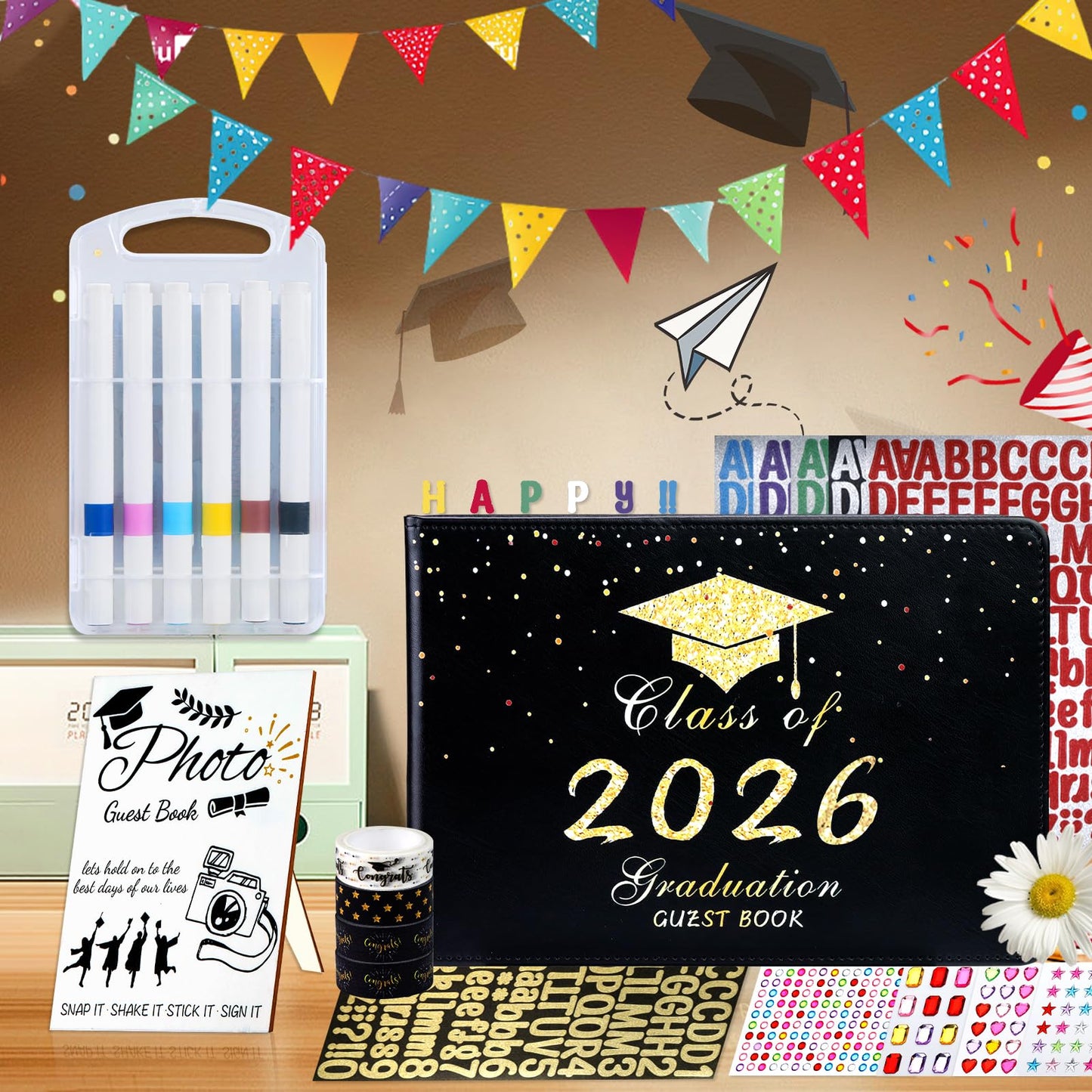 LUYI 29 Pcs 2026 Graduation Guest Book Set with Graduation Photo Guest Book Sign, Graduation Scrapbook Photo Album Memory Book DIY Kit with Markers Stickers for Congrats Grad Gifts Party Supplies