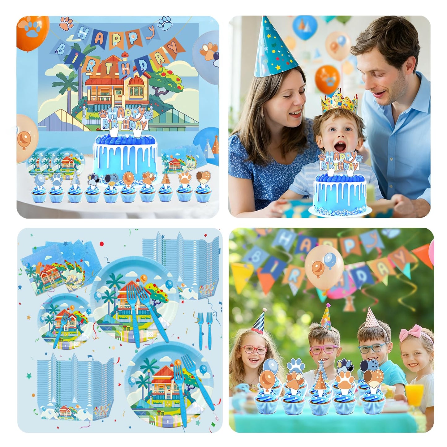133PCS Blue Birthday Party Supplies - Serves 20 Guests，Blue Birthday Decorations, Blue Plates and Napkins, Tablecloth, Balloons, Banner, Cake Toppers, Fork & Paper Food Trays - Party Supplies