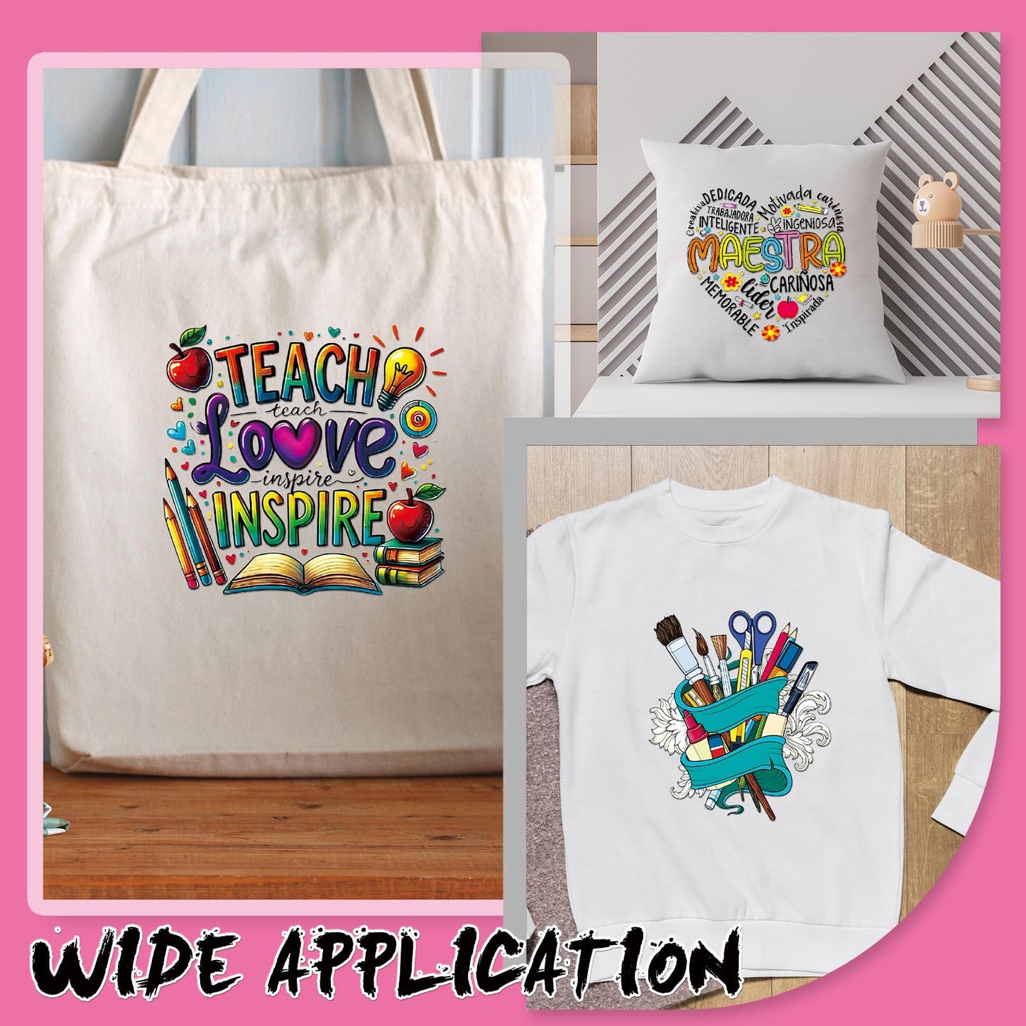 INCOK Teacher Iron on Transfers for Clothing - 24 PCS DTF Transfers Ready to Press Bow Pencil Iron on Vinyl Design Heat Decals Stickers for Teacher Appreciation Week T-Shirts Bag Hoodie Hat Dress
