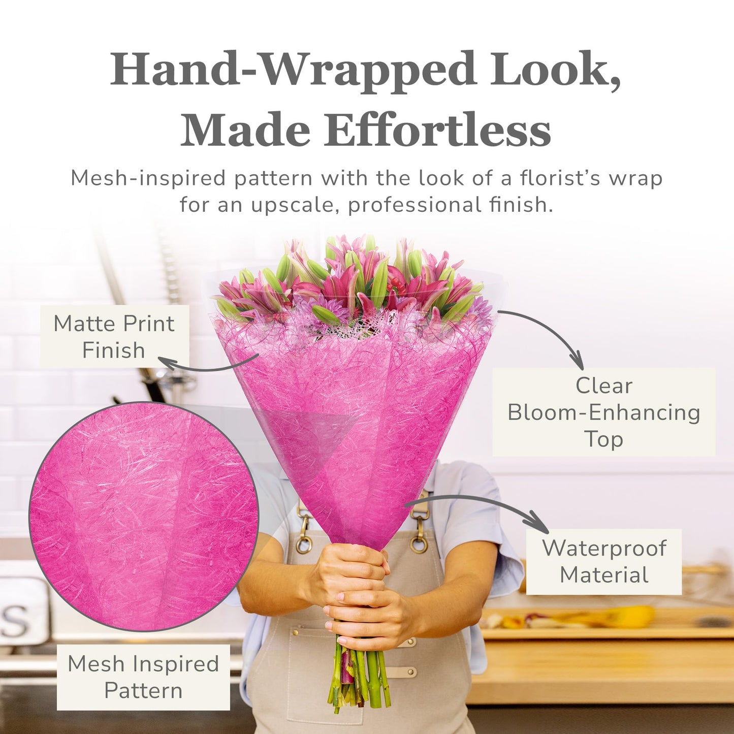 the florist Supply Aria Sleeves 20 Pack 17.3 x 13.66 x 3.5 Inch Waterproof Flower Bouquet Wrapping Sleeves, Flower Bouquet Bags, Plastic Floral Sleeves, Gift-Ready for Wedding, Birthday, Pink