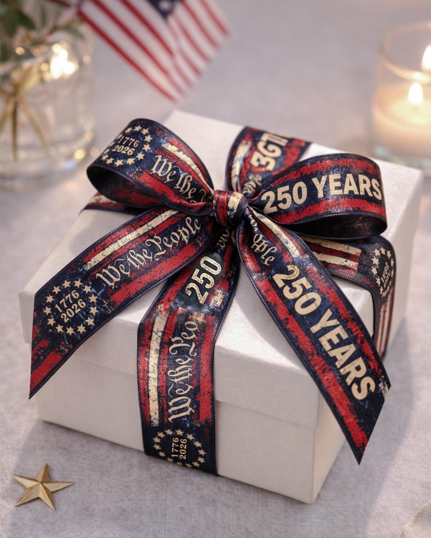 Gleamagic 25 Yards Patriotic Ribbon 1 Inch - America 250th Anniversary Non-Wired Satin Ribbon with We The People Print, Soft Fabric for Hair Bows, Gift Wrapping, Veterans Day & July 4th Party Supplies
