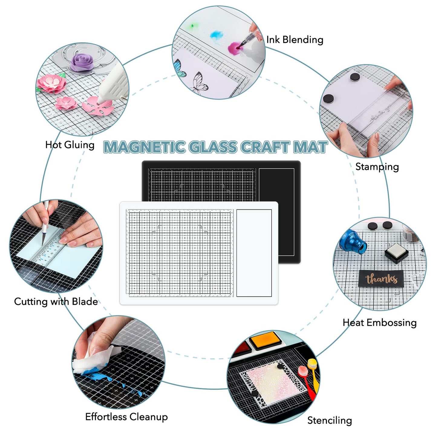 BAOFALI Magnetic Glass Craft Mat; 15.75"x10.24"Heat Resistant Glass Media Cutting Mat W/MagnetsGridlines and Measurements; for Cutting, Stamping, Mixed Media, Heat Embossing and Hot Glue Projects