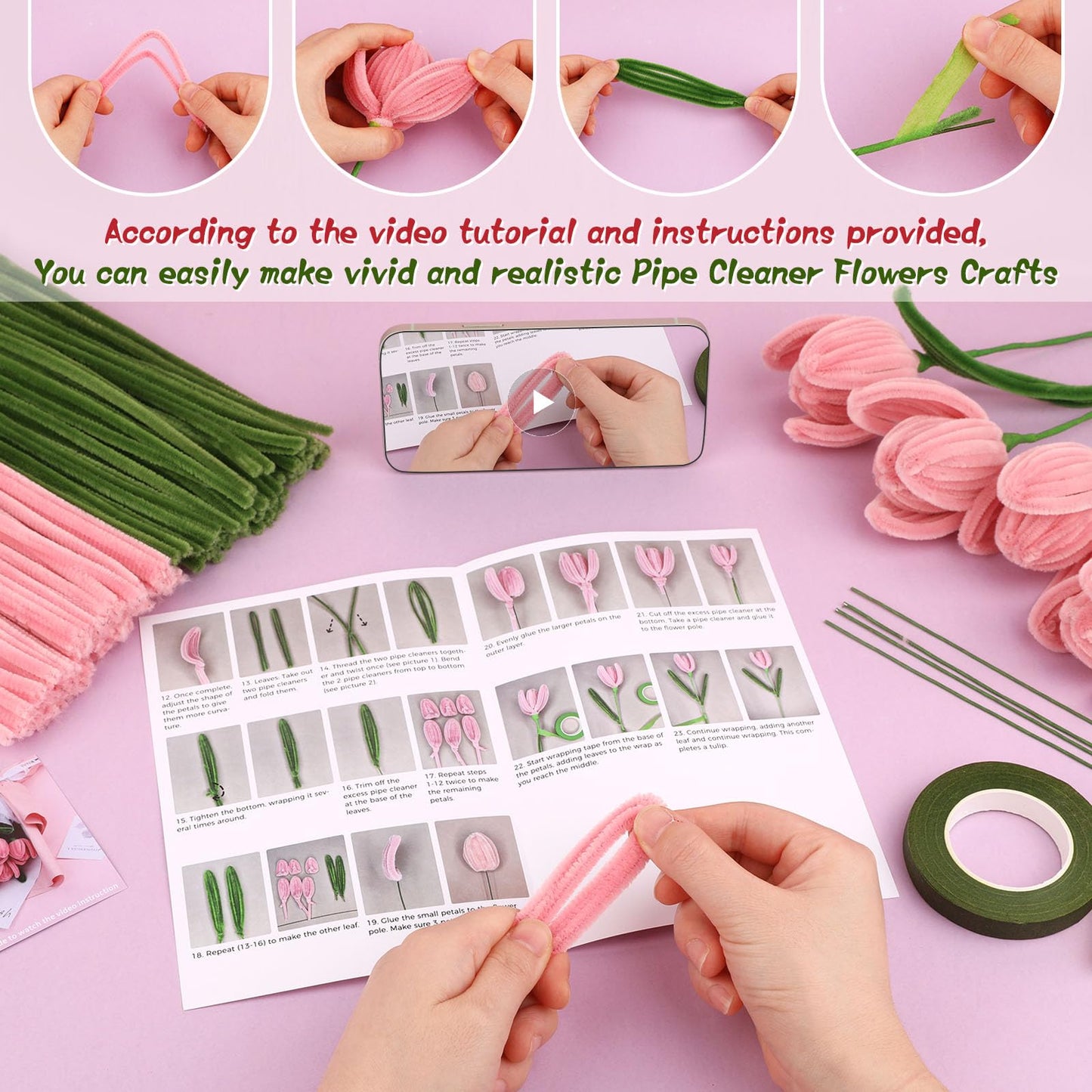 UzecPk Pipe Cleaner Flower Kit, Pipe Cleaners Bulk, Chenille Stems Pink Pipe Cleaner Craft, Pipe Cleaners Flowers with Floral Wire, Floral Tape, Instructions for Mother's Day Craft Home Decoration