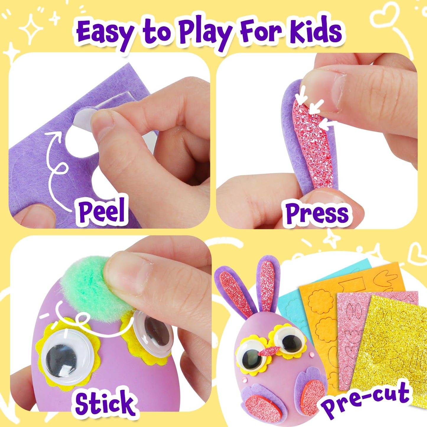 CZTCDP Arts and Kids Crafts Kits - Egg Pom Poms Decoration Craft Supplies & Materials for Toddler DIY School Supplies Kit Birthday Gifts for Girls Boys Age 2-4