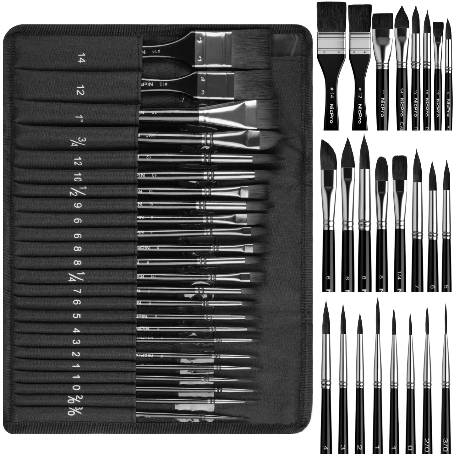 Nicpro Watercolor Brushes Professional, 24pcs Soft Synthetic Squirrel Hair Watercolor Paint Brush Set with Cloth Roll, Round, Flat, Filbert, Dagger, Cat Tongue for Water Color Gouache Inks Painting