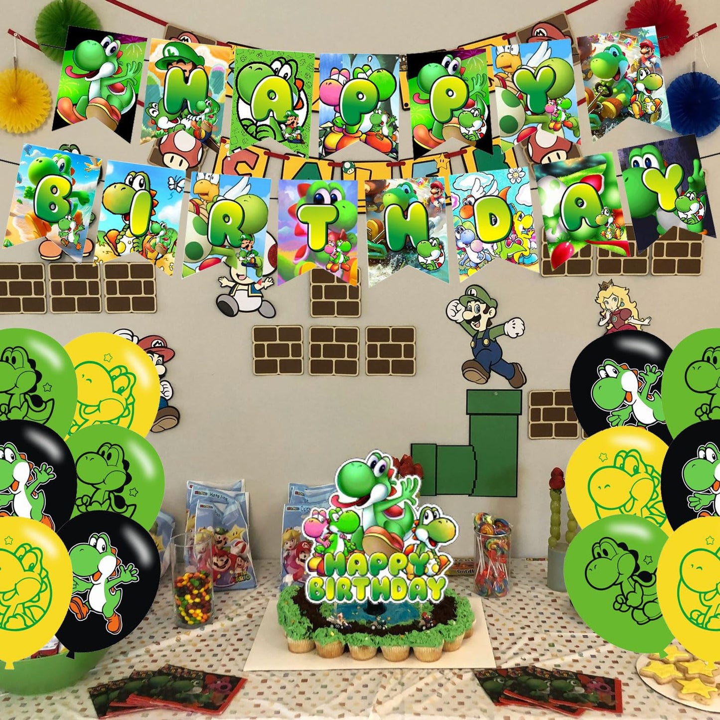 karg 𝖸𝗈𝗌𝗁𝗂 Birthday Decorations,𝖸𝗈𝗌𝗁𝗂 Party Supplies Include Happy Birthday Banner, Cake Topper and Cupcake Toppers, Balloons for Kids Party Decor